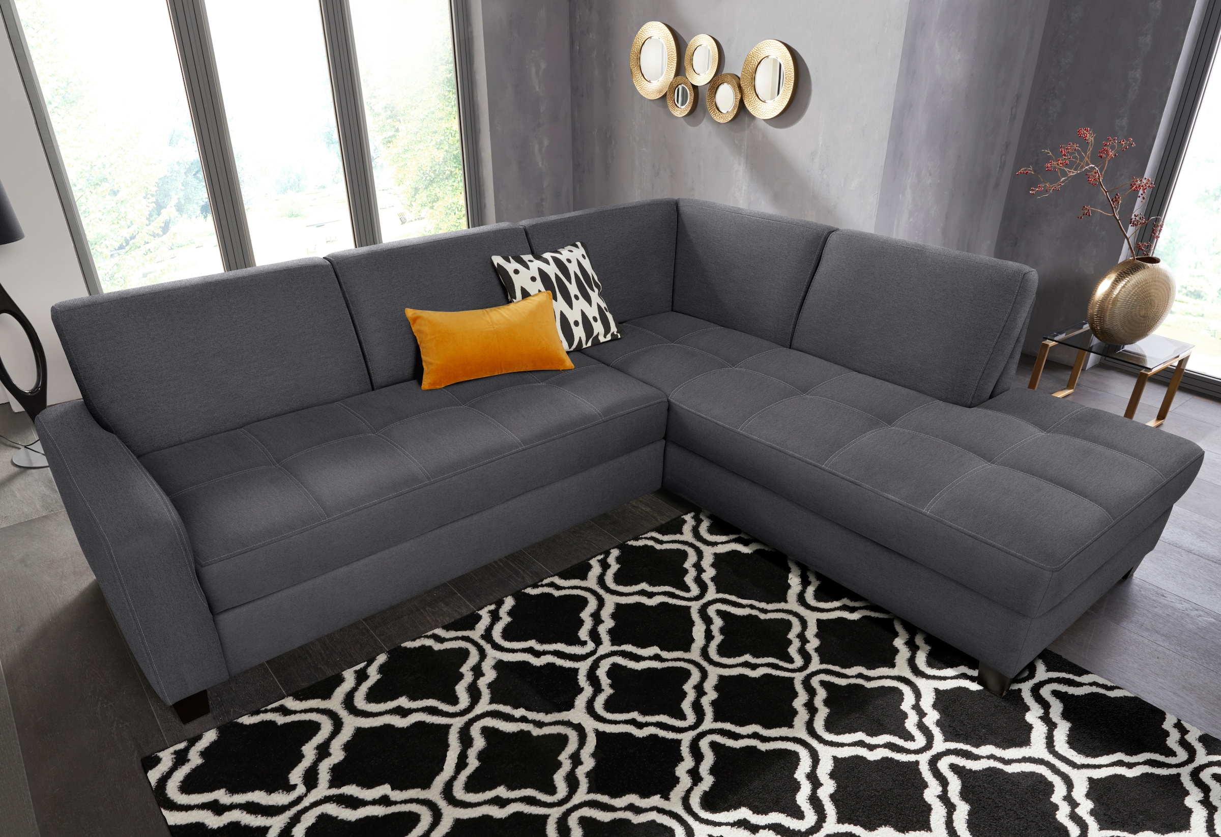 DOMO collection Canapé d'angle »Florentina zeitlos und elegant, Sitznähte als Designelement, L-Form« wahlweise mit Bettfunktion, mit Kontrastnaht, Komfortsitzhöhe 47cm