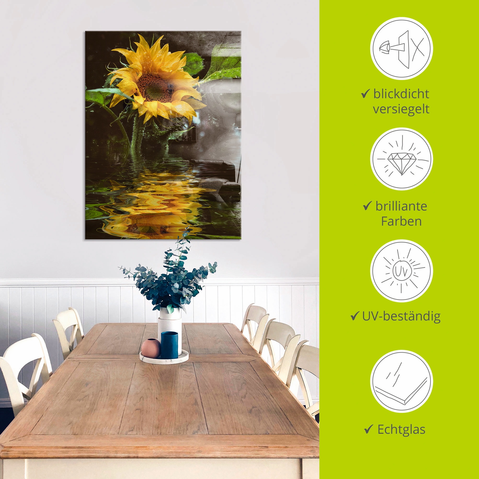 Artland Tableau en verre »Sonnenblume mit Wasserspiegelung« Fleurs 1 cuis tlg. disponible en différentes tailles