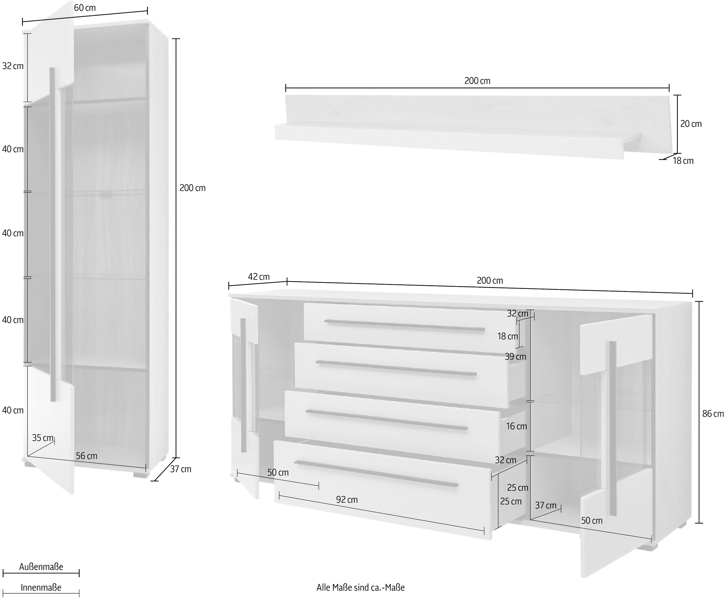 Home affaire Meuble mural »Cantara, Anbauwand, Wohnzimmer-Set, in Eiche Evoke, Weiss oder Kaschmir« Ensemble, 