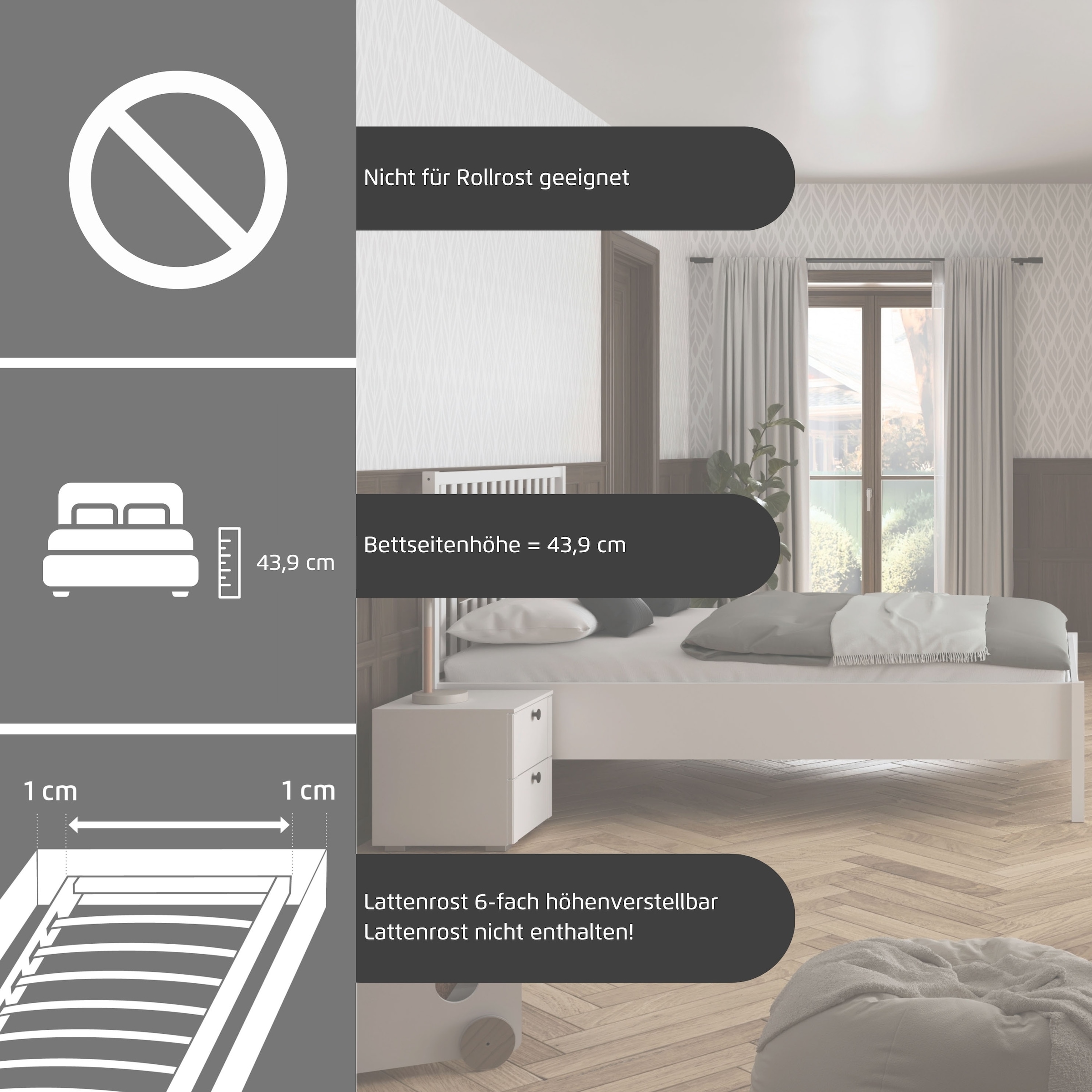 GOODproduct Bettgestell »Schlafzimmermöbel Möbel Landhaus Einzelbett Doppelbett Stauraum YLVA« Breite 90x200 cm oder 140x200 cm,  mit Sprossenkopfteil im Landhausstil MADE IN GERMANY