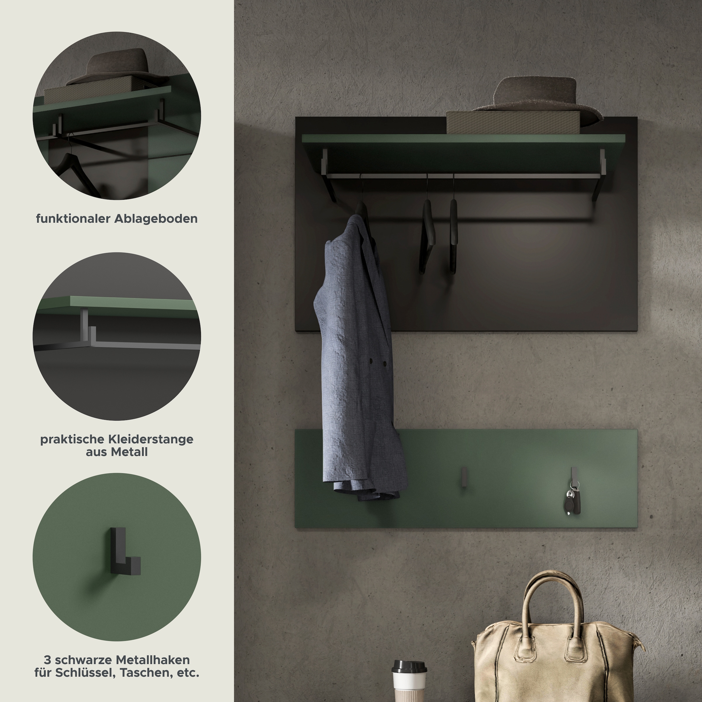 Home affaire Garderobenpaneel »REHAT, TOPSELLER!, 2-teilig, bestehend aus: Paneel & Hakenleiste« in verschiedenen Farben erhältlich, 1 Stk. tlg. Paneel, Hakenleiste, Wandboard, Garderobe, Garderobenleiste