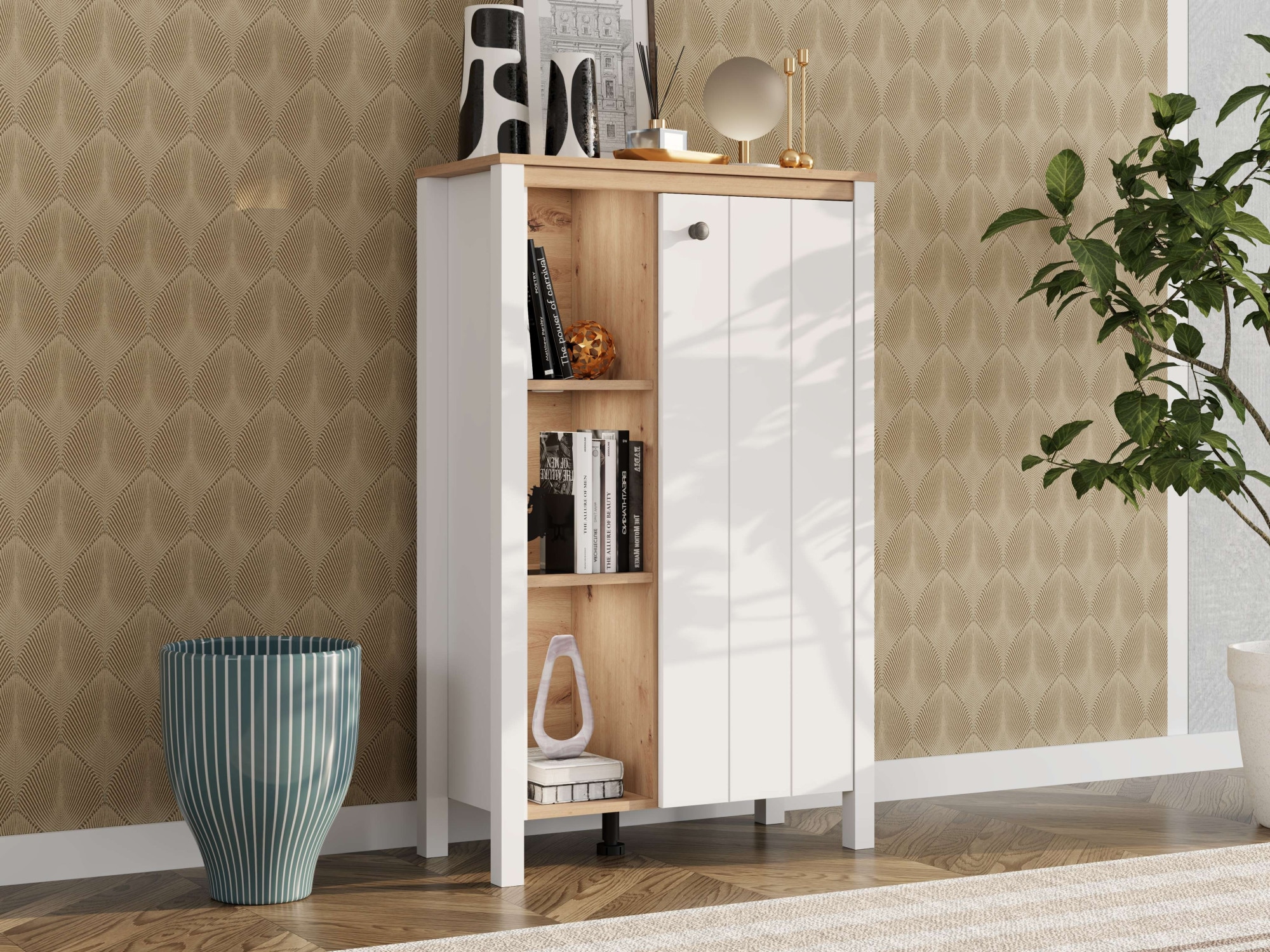 Image of Home affaire Highboard "BEDFORD, Hochkommode, Vitrine im Landhausstil" MDF-Profil 2D ummantelt, 1 Tür & 6 Fächer mit einem Metallgriff