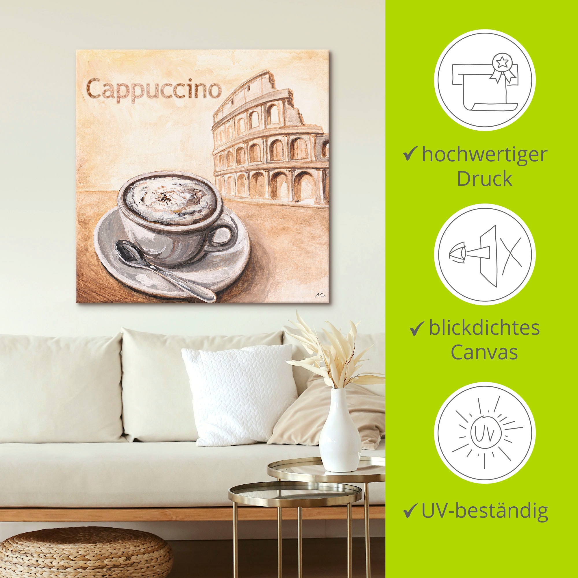 Artland Wandbild »Cappuccino in Rom«, Kaffee Bilder, (1 St.), als Leinwandbild in verschied. Grössen