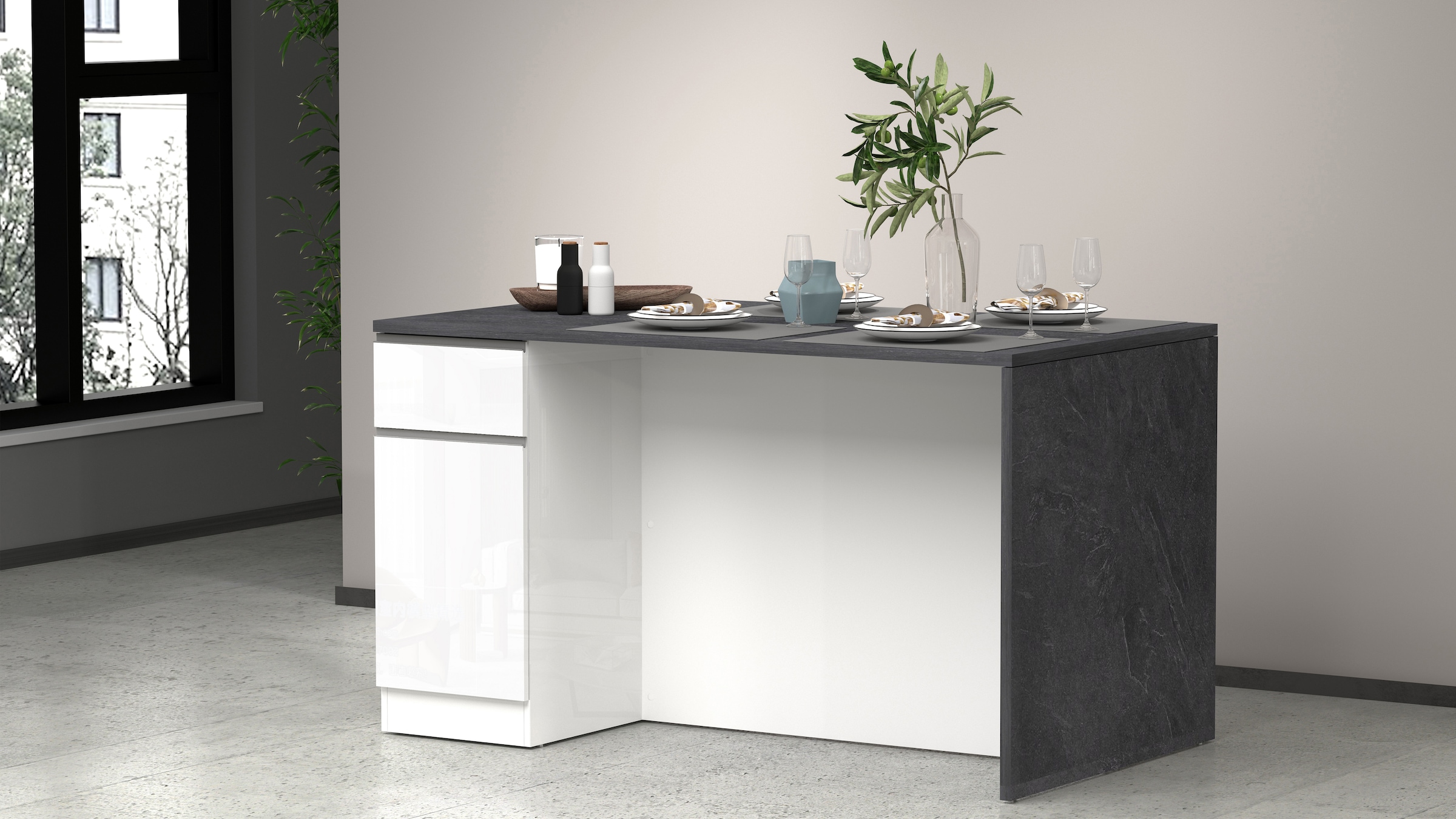 KOCHSTATION Ilot de cuisine »Sole,Kochinsel,Küchenarbeitsblock,Inselküche,Arbeitsinsel« Breite 160 cm mit 2 Türen,2 Schubkästen, Aluminiumgriff
