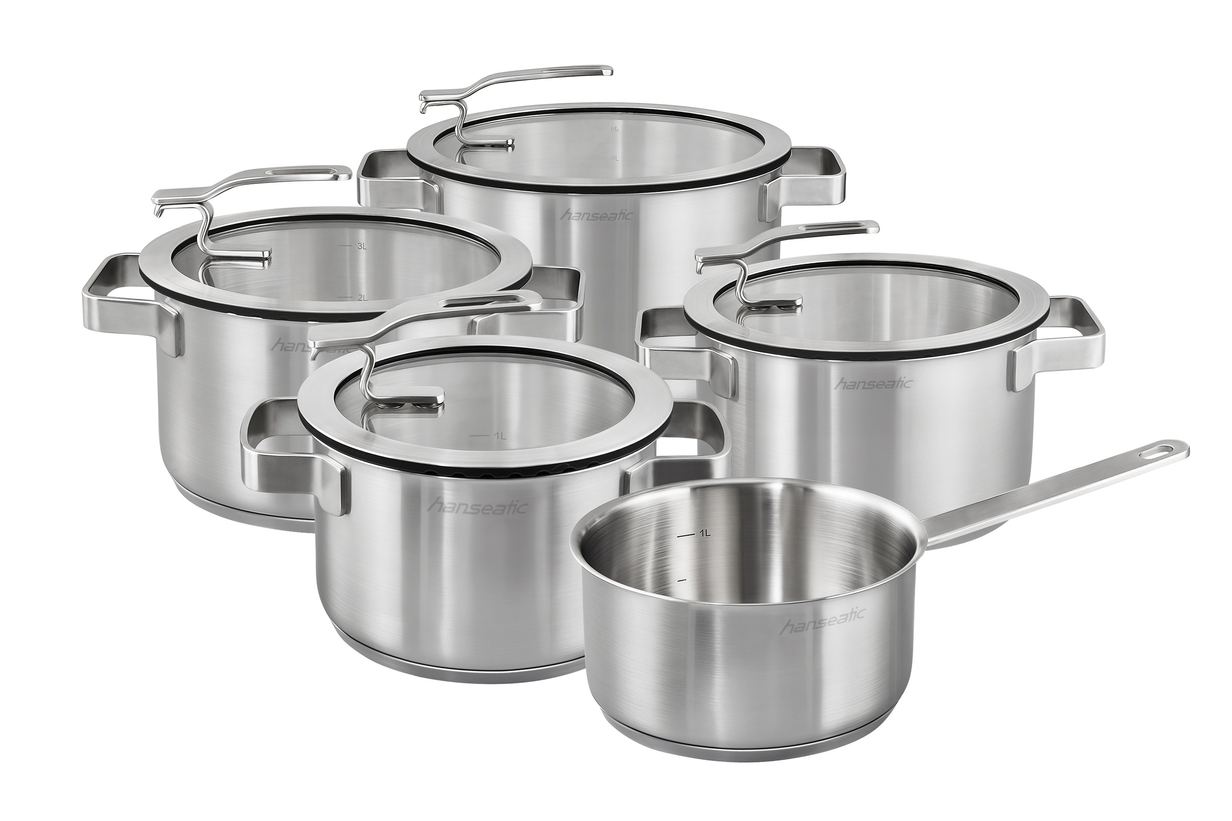 Hanseatic Topf-Set »STYLE«, Edelstahl 18/10, (Set, 9 tlg., Fleischtopf 1x 16 cm / 2x 20 cm / 1x 24 cm, Stielkasserolle 16 cm), Deckel mit praktischer Aufhänge-Funktion, Induktion
