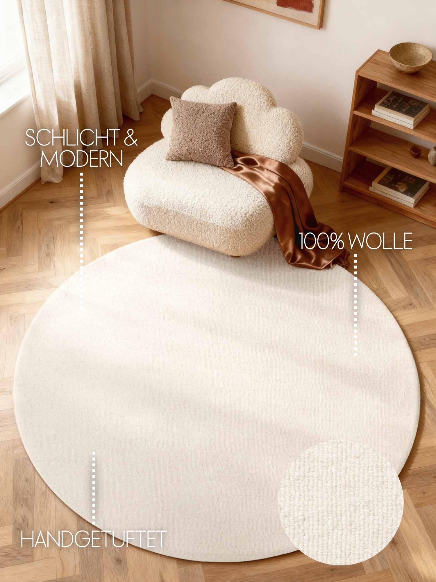ELLE DECORATION Tapis en laine »Knots« Rond 13 mm Höhe handtuft, laine, rond, bouclé fin, salon, chambre, naturel