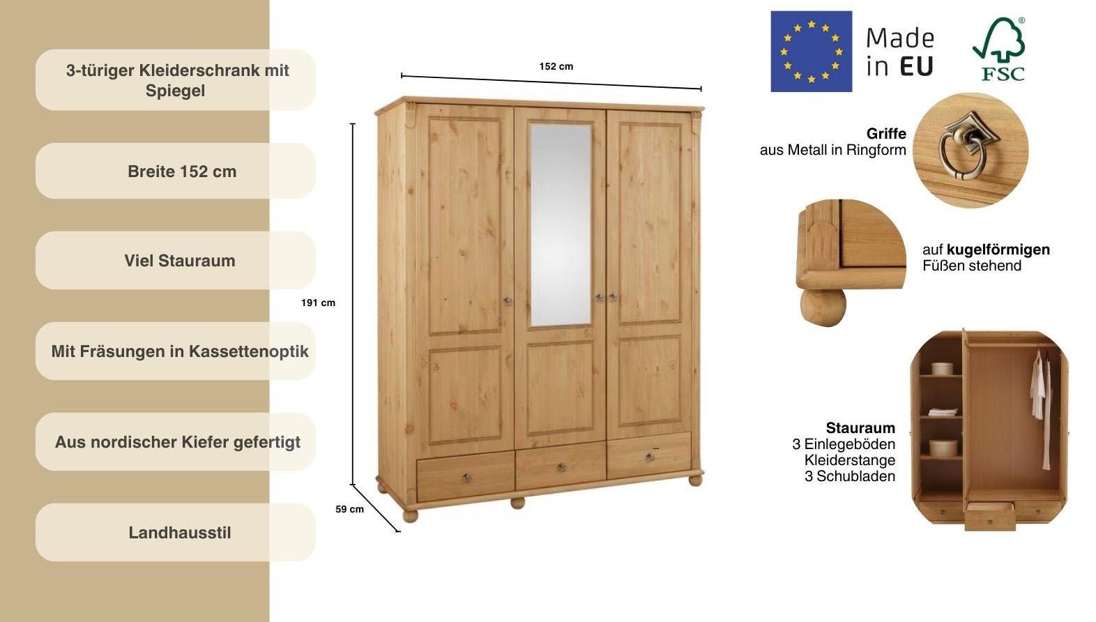 Home affaire Armoires à vêtements »Tessin, Dretürenschrank, 3-türig« B/H/T ca. 152/191/59 cm,  Breite 152 cm, Kiefer massiv, mit Spiegel und 3 Schubladen