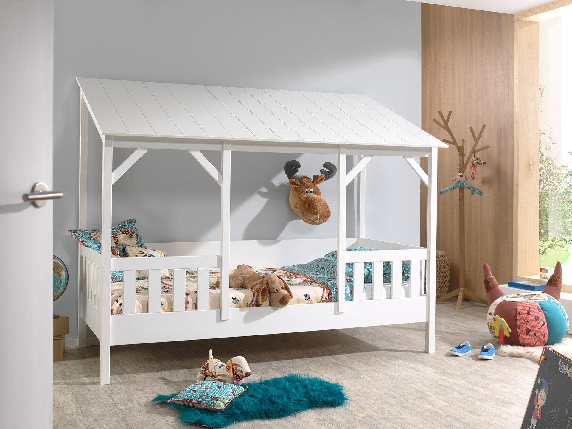 Vipack Lit d'enfant »Hausbett, aus MDF und Massivholz, Dach schwarz oder weiss« L/H/P env. 214,2x174x105,3 cm, avec encadrement périphérique,  au choix avec ou sans tiroir de lit sur roulettes
