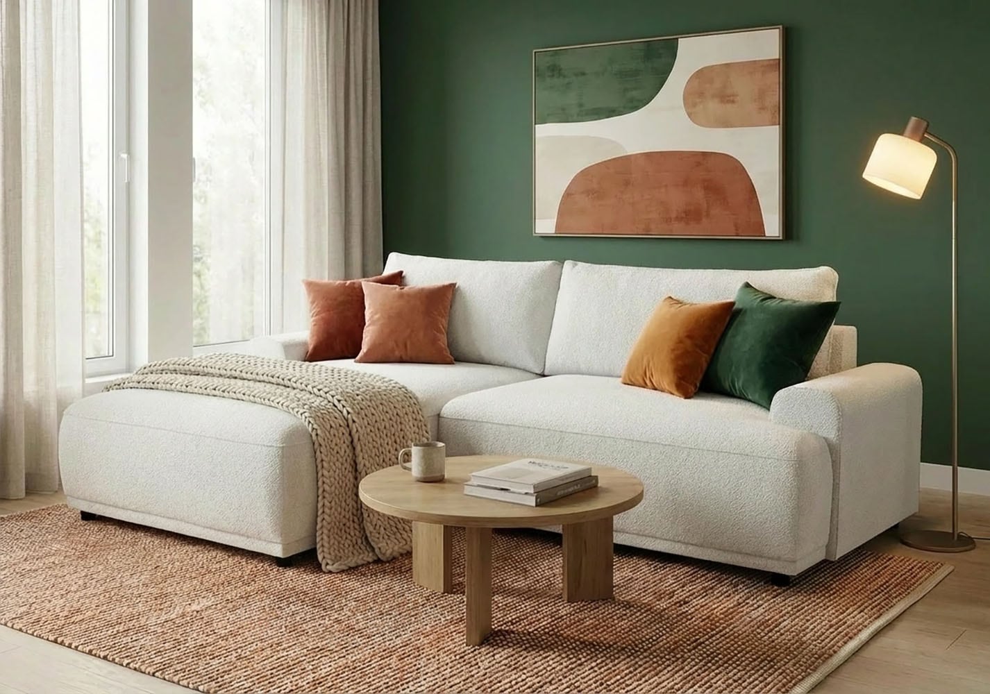 Image of TRENDMANUFAKTUR Ecksofa "Fordon, Schlafsofa mit Bettkasten, Couch in L-Form, Breite 250 cm" in Struktur fein LEO, haustierfreundlich, wollweiss, Recamiere links