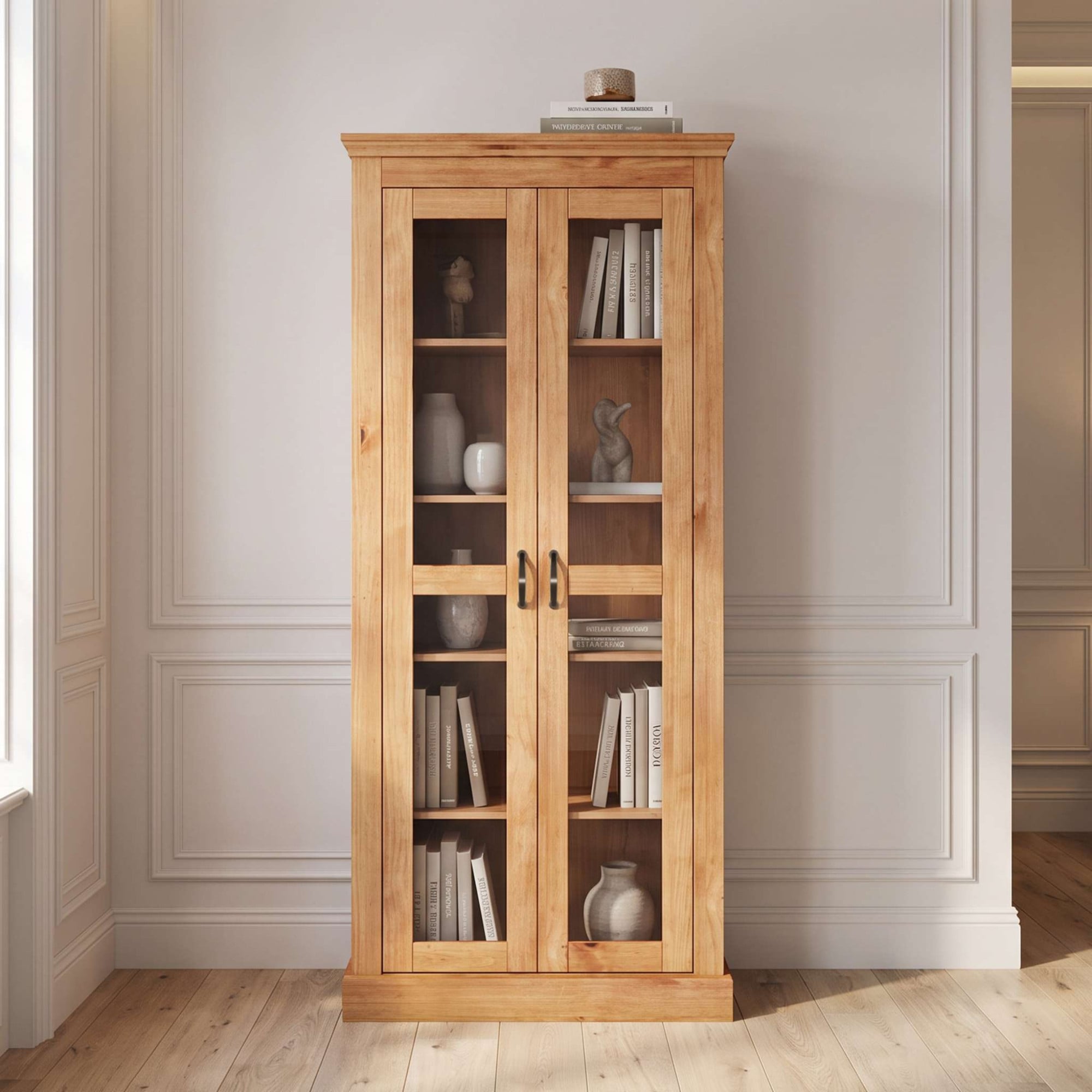 GOODproduct Vitrine »Selma, Hochschrank, Standvitrine, Glasvitrine aus massivem Kiefernholz« FSC®, mit Griffen aus antikisiertem Metall, Höhe 180 cm
