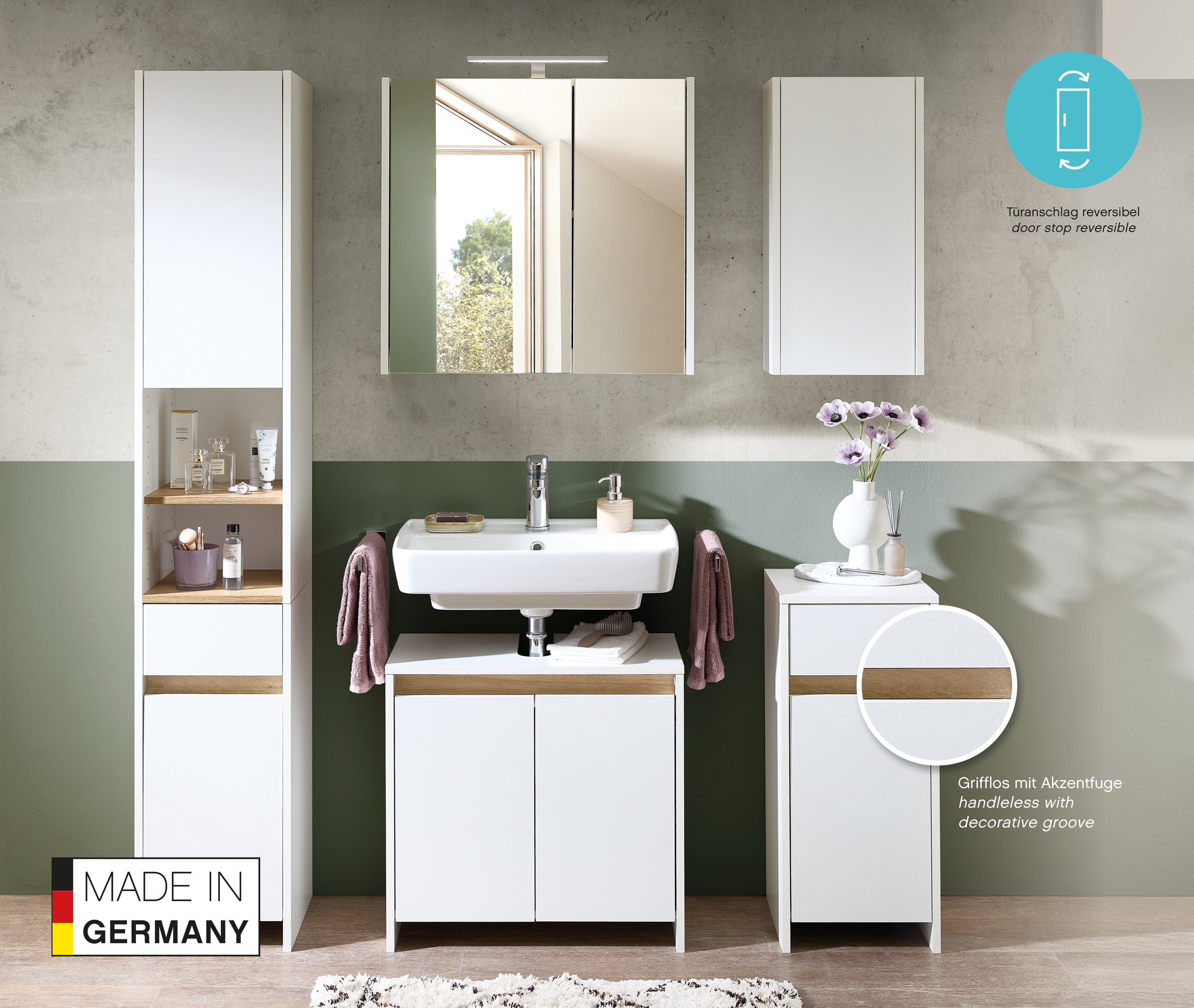 Saphir Armoire sous lavabo »Quickset 100, 2 Türen, Siphonausschnitt« meuble sous-lavabo sans poignée, 61,6 cm de large, avec joint accentué