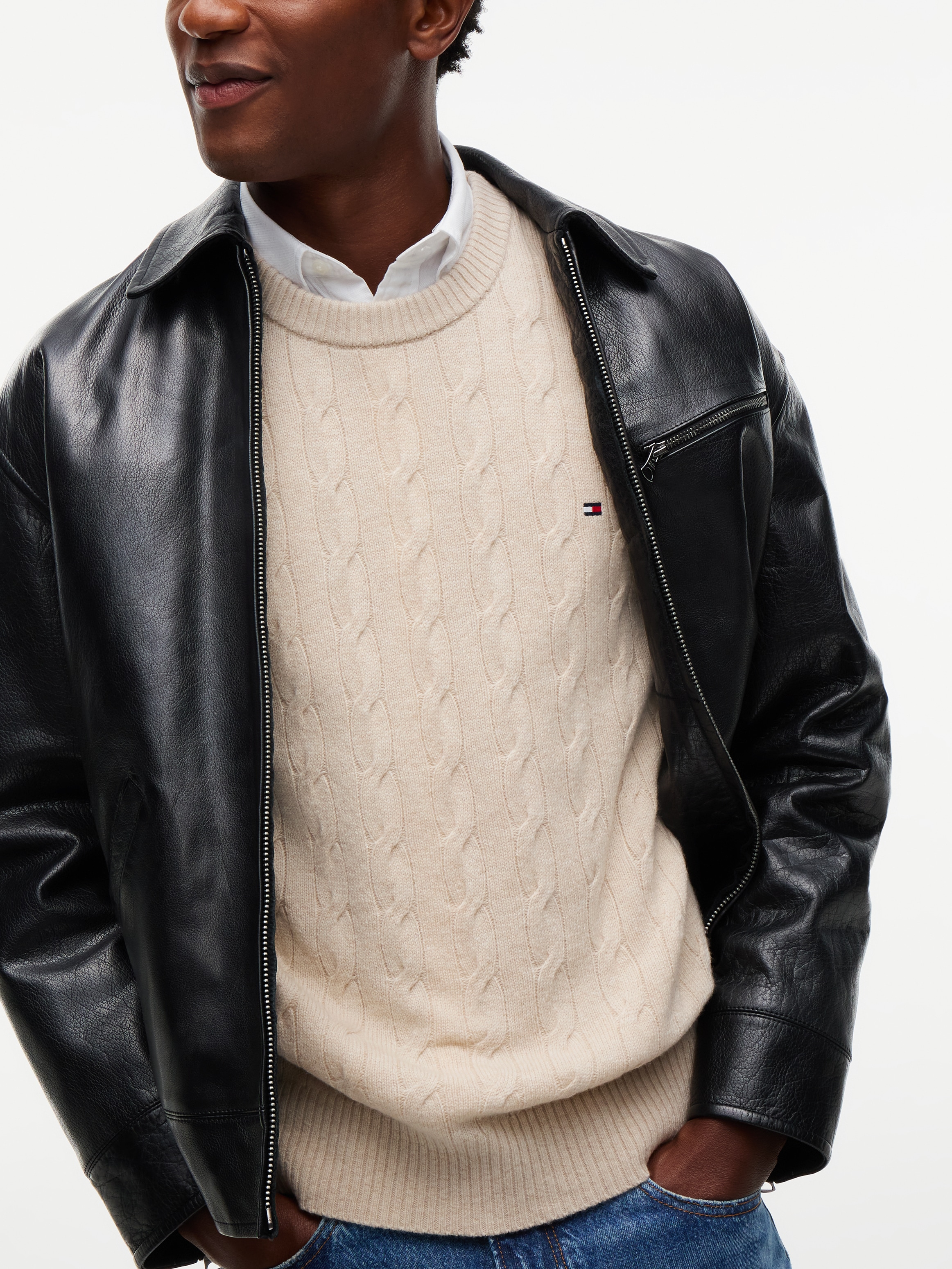 Tommy Hilfiger Pull à col rond »LAMBSWOOL CABLE CREW« en pure laine d'agneau avec motif torsadé