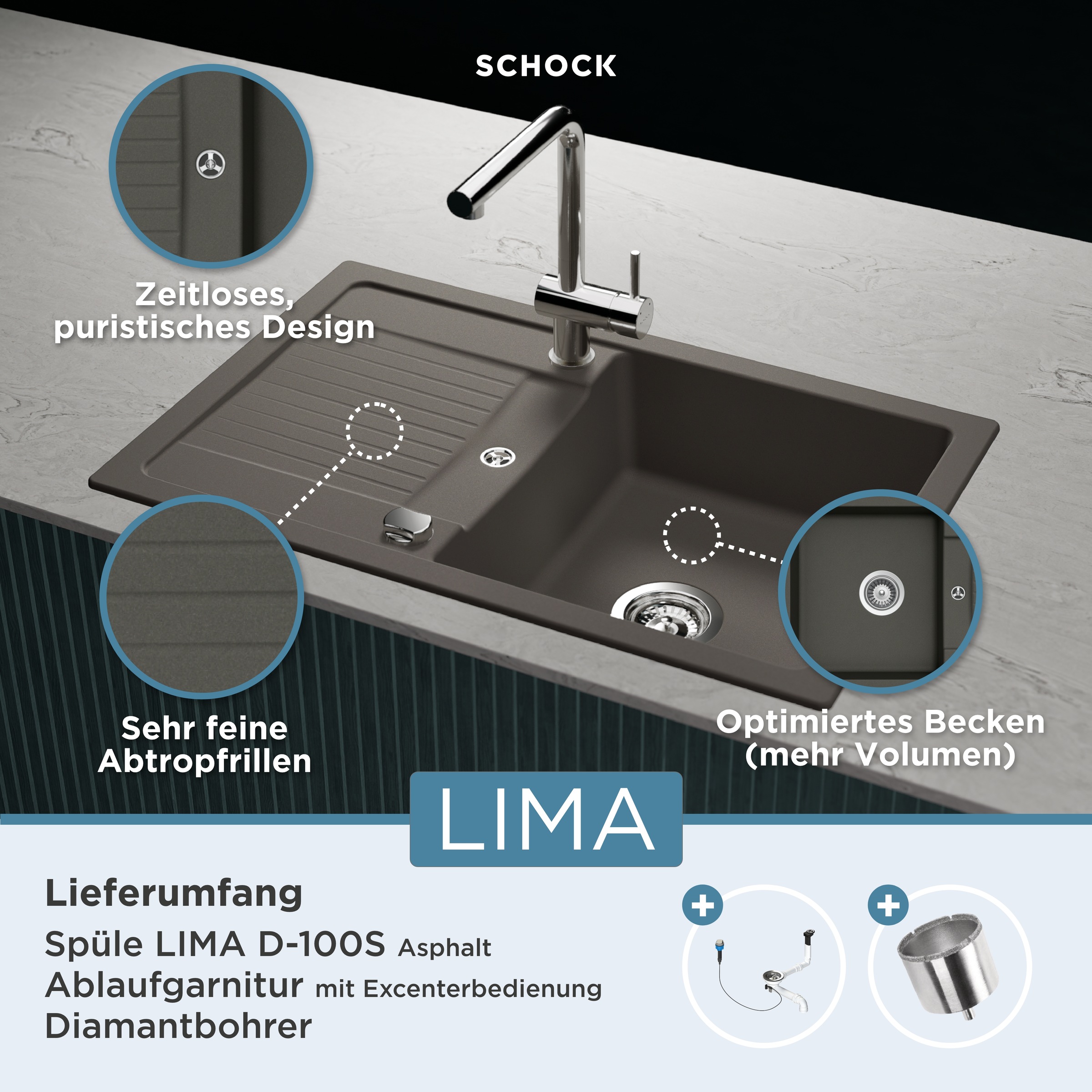 Schock Granitspüle "Lima D-100S" 78/50 cm, Auflagespüle