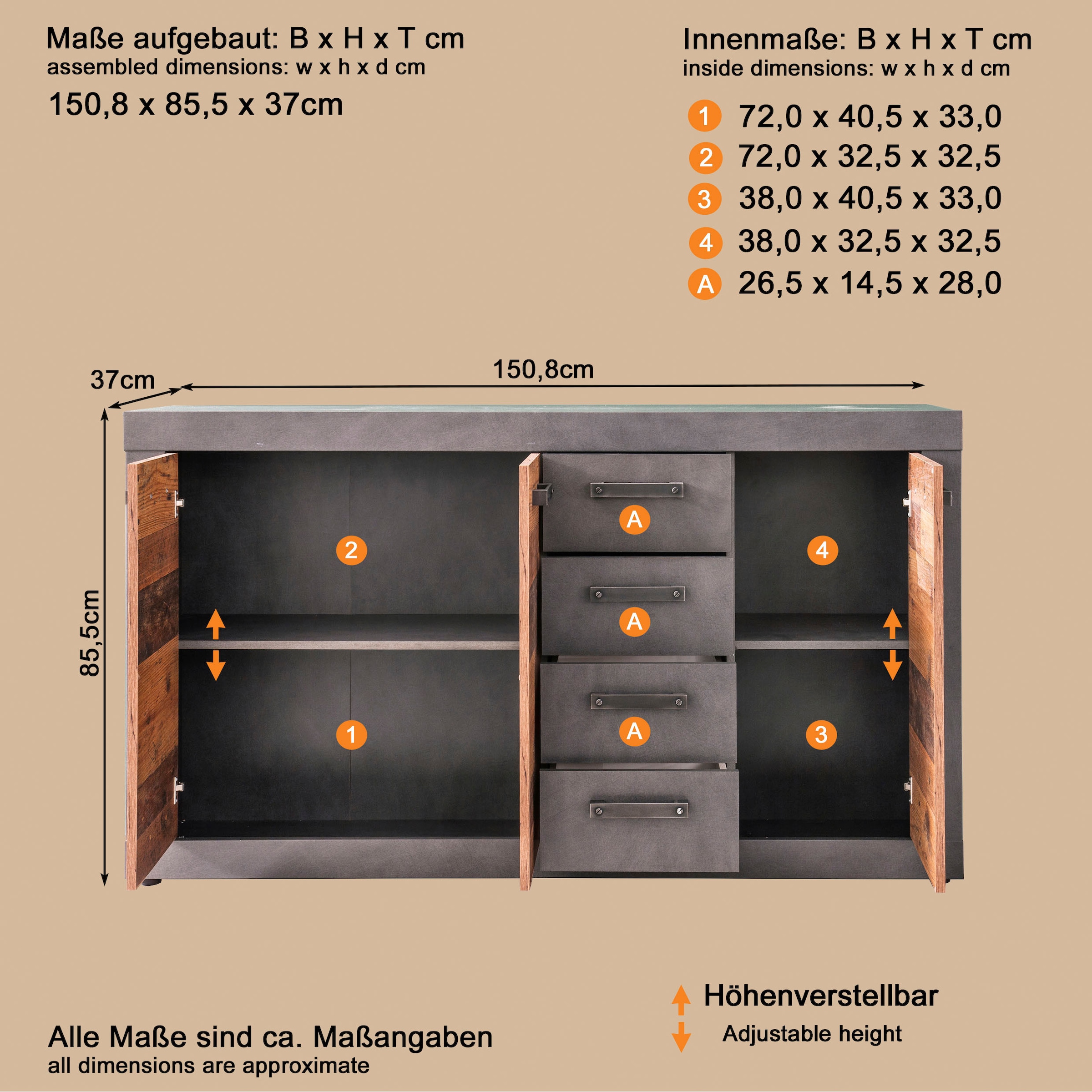 Home affaire Commode »Ilana« Kommode mit 3 Türen & 4 Schubladen - (B/T/H) 151/37/86 cm