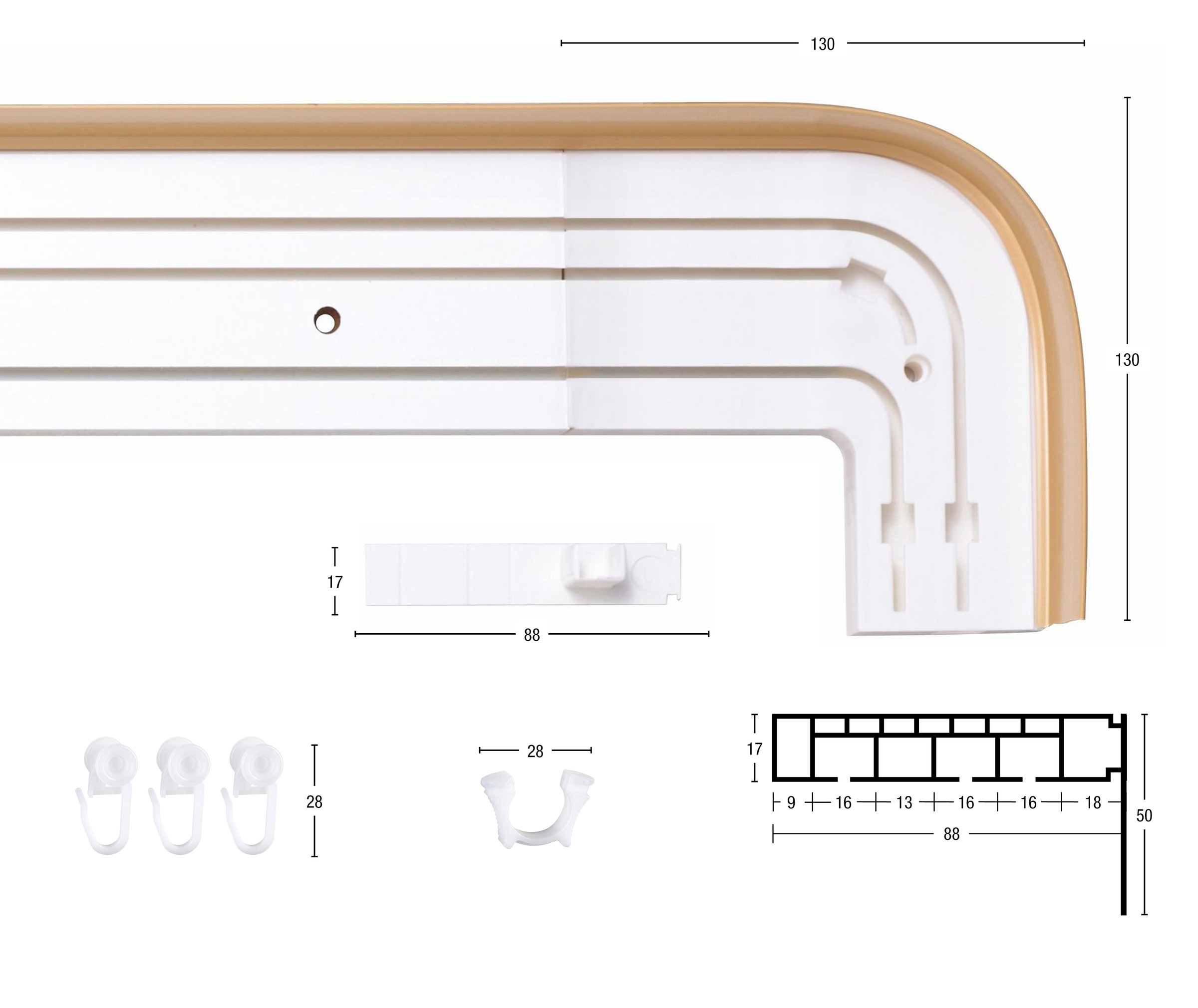 GARESA Schienensystem »Kunststoffschiene mit Blende« 3 läufig-läufig Wunschmasslänge seitlich mit 2 Rundbögen (kein Spalt zwischen Vorhang und Wand!)