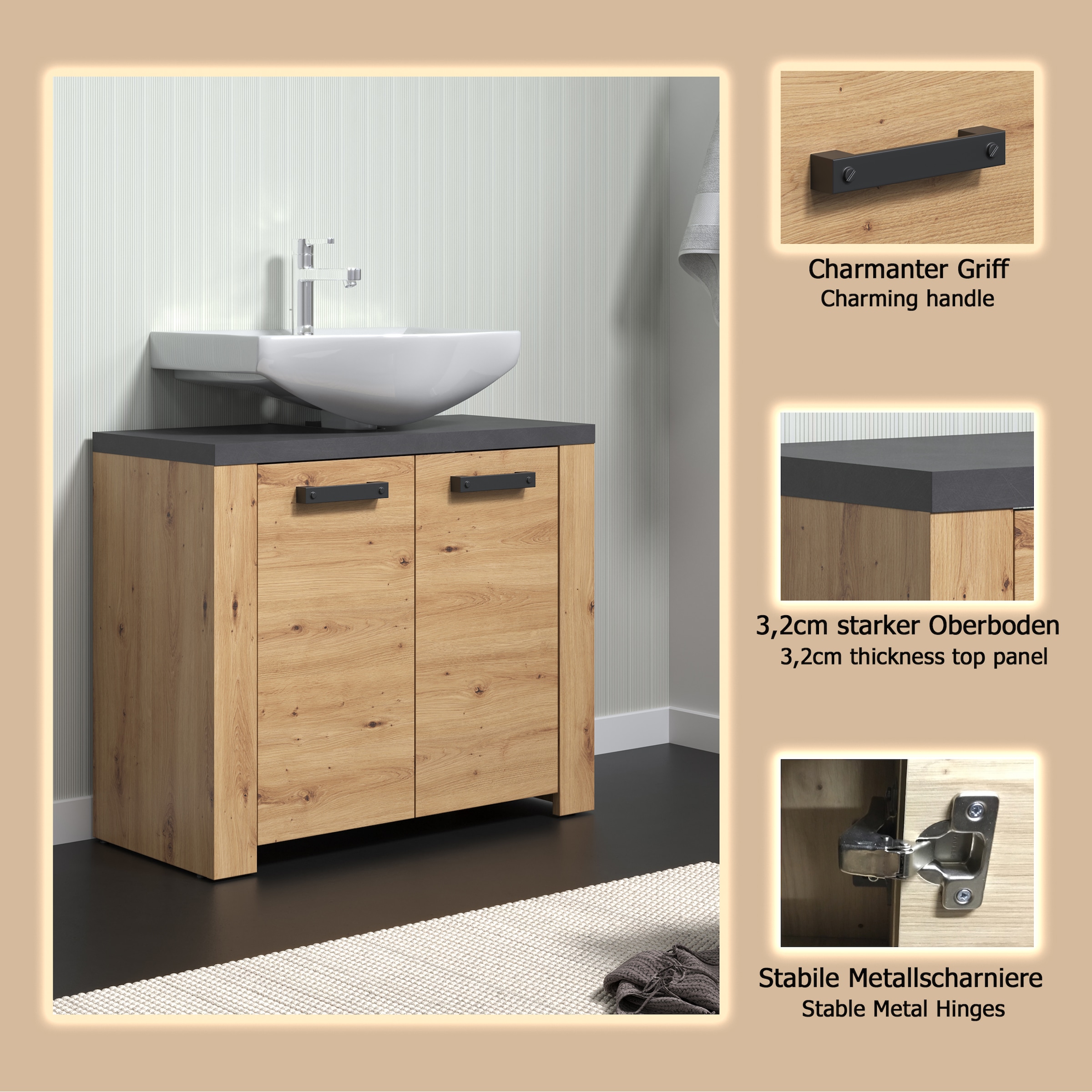 welltime Waschbeckenunterschrank »Ambres«, Waschbeckenunterschrank mit 2 Türen - (B/T/H) 79/35/67 cm