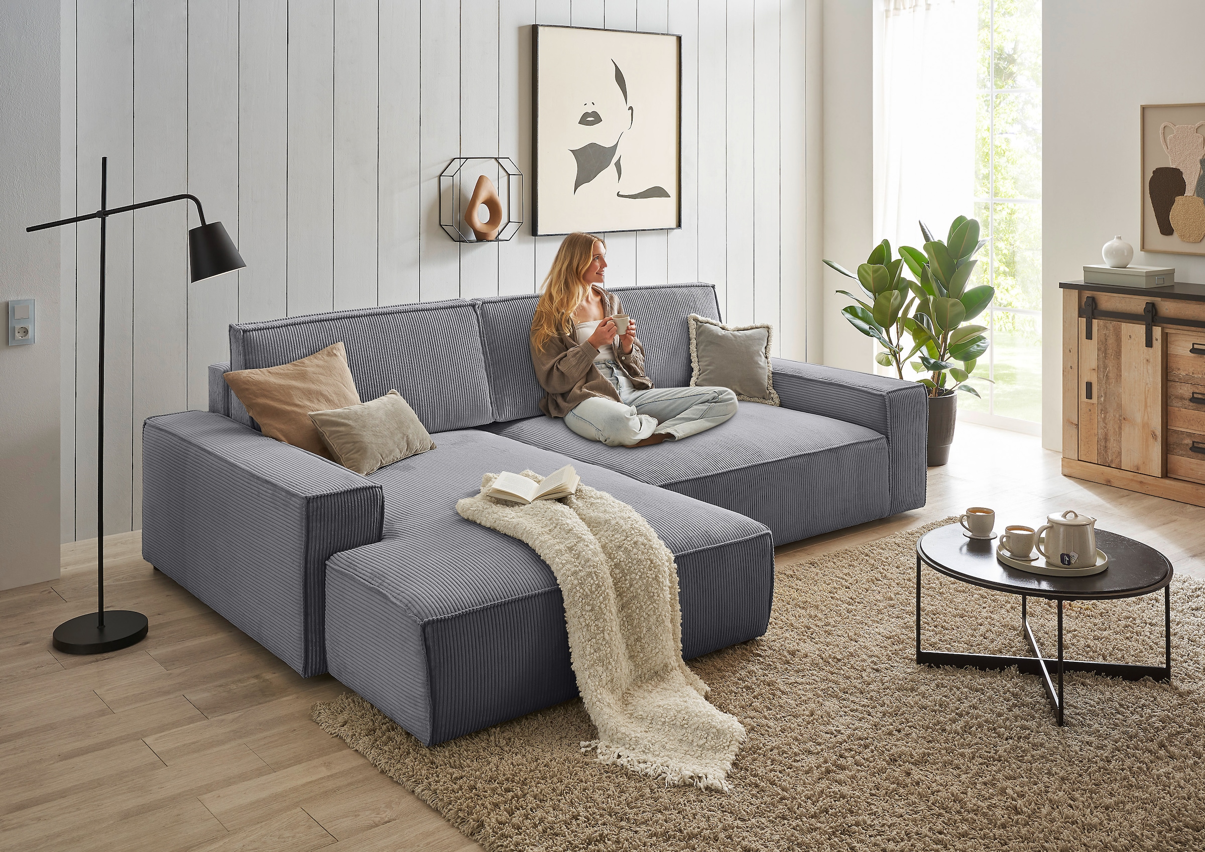 Home affaire Ecksofa »NEU: SHERWOODL XXL 284, Big-Sofa L-Form, tiefe Sitzfläche 95 cm, Cord,«, Leinenoptik, Recamiere rechts/links, auch als Schlafsofa stellbar