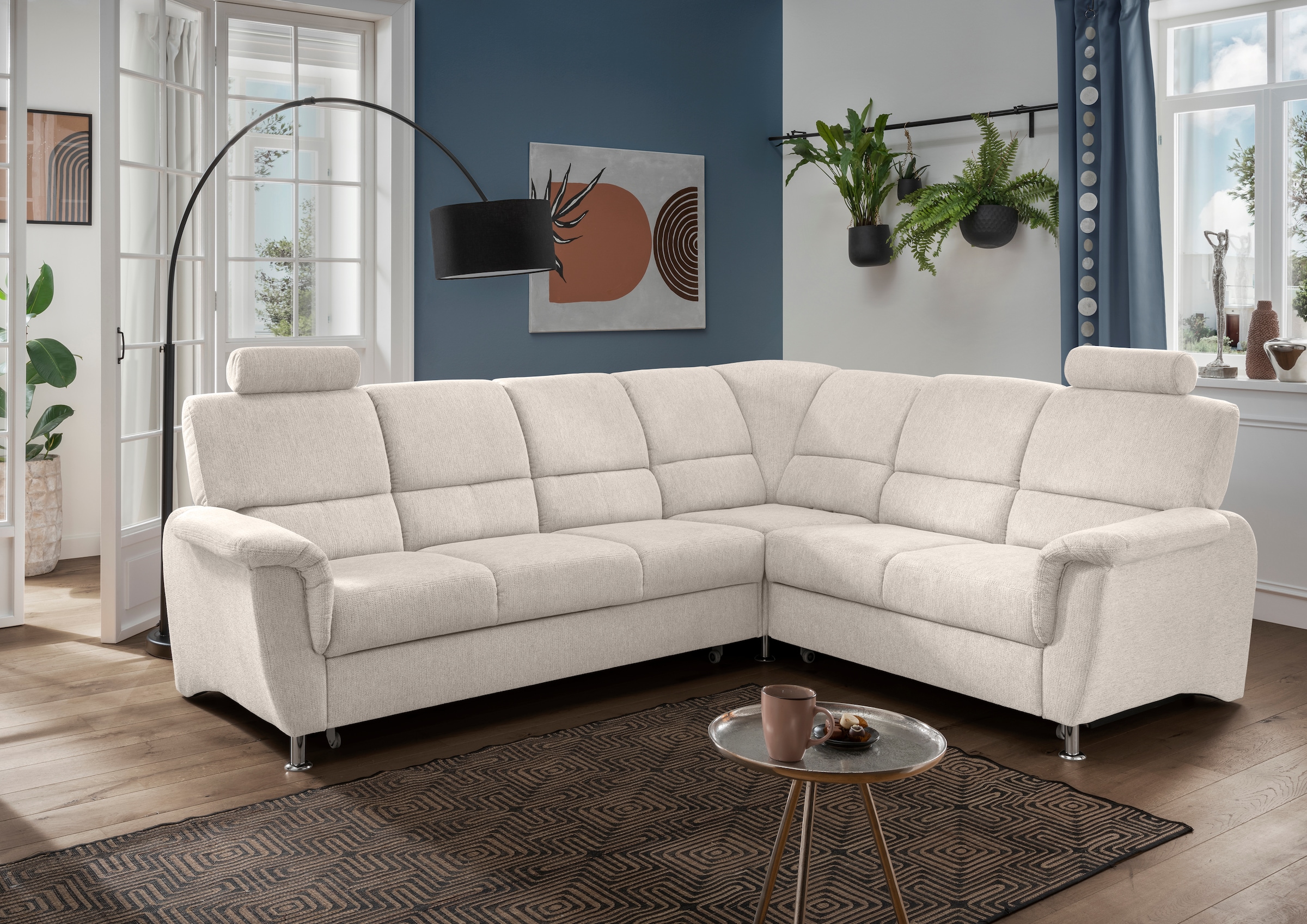 Home affaire Ecksofa »Pisa L-Form, mit Schlaffunktion, Stauraum, 2x höhenverstellbare«, Kopfstützen und Relaxfunktion im Eckelement