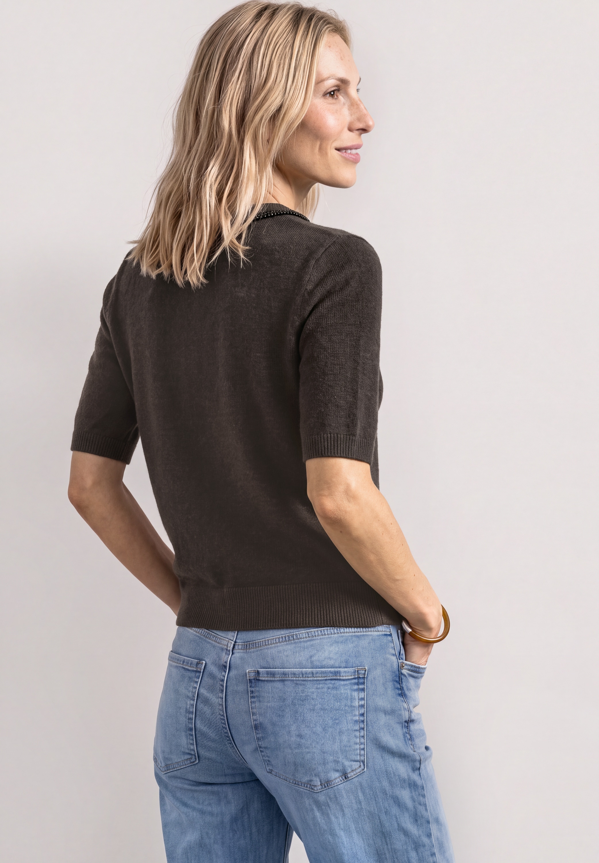 STREET ONE Strickpullover Halbarm Pullover mit Perlen-Detail am Rundhals