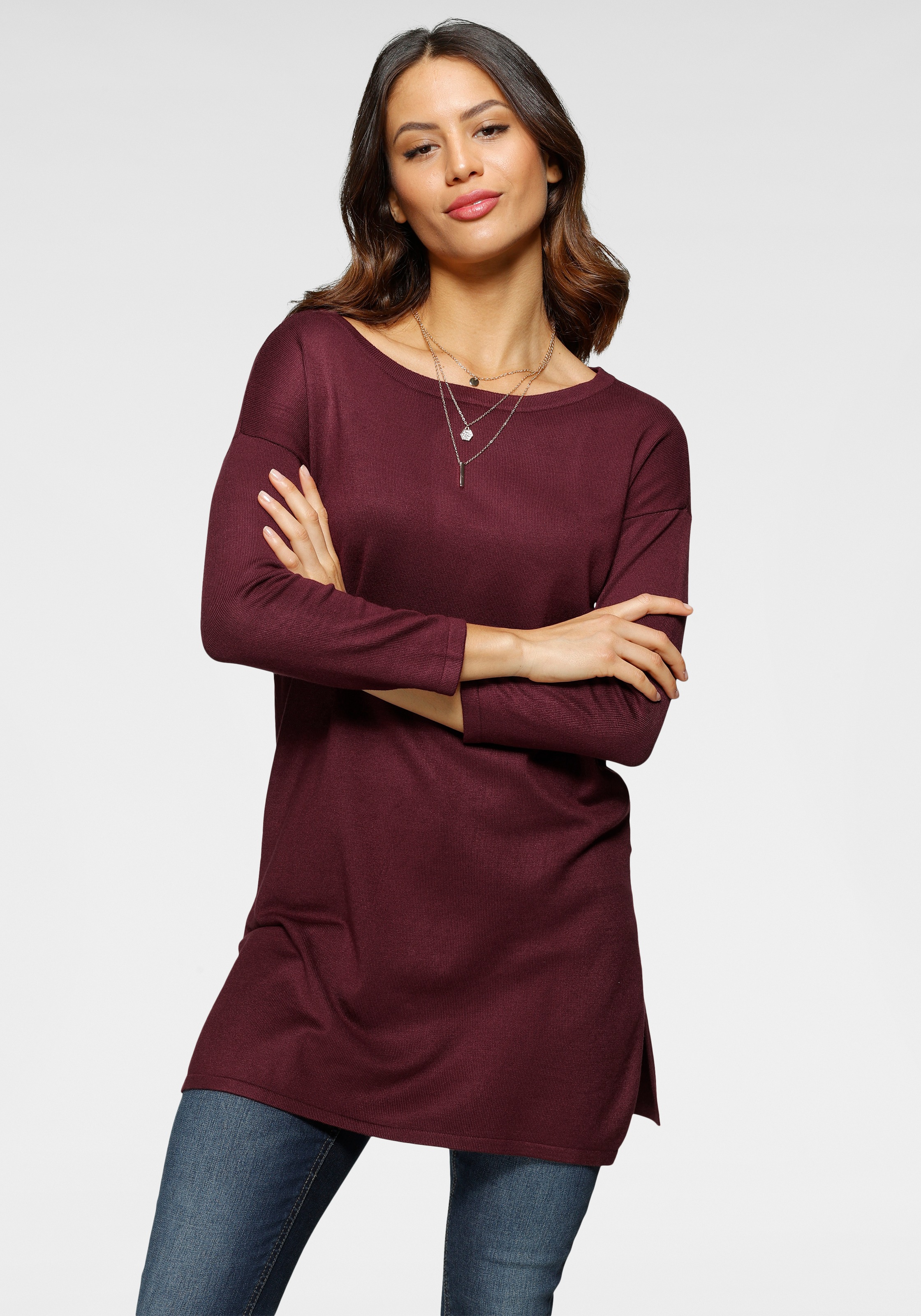 Laura Scott Longpullover Feinstrick mit U-Boot Ausschnitt und seitlichem Schlitz