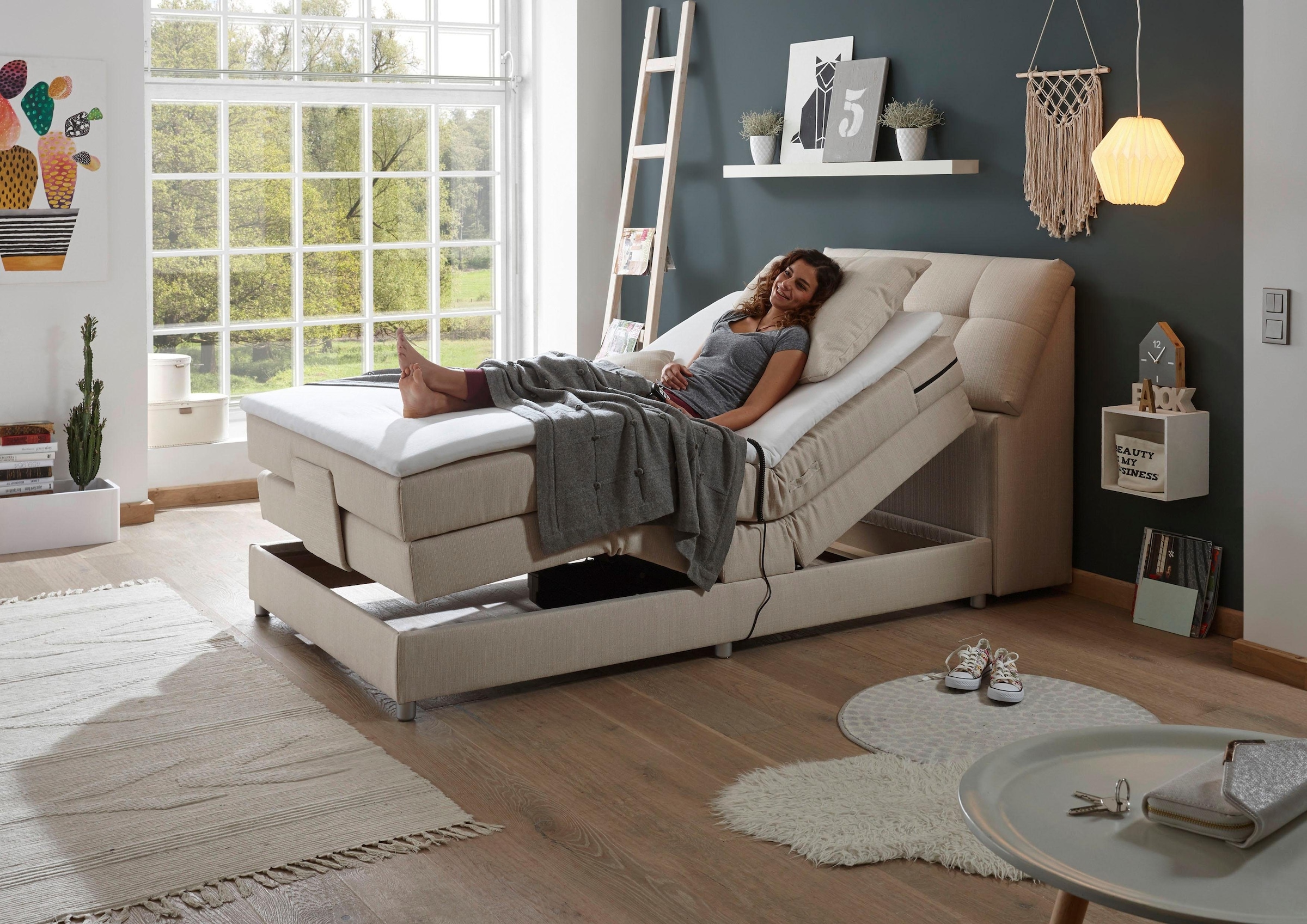 ED EXCITING DESIGN Boxspringbett »Carpino wahlweise in den Breiten 120cm oder 180cm erhältlich« inkl. Motor, Stauraum im Kopfteil und Topper