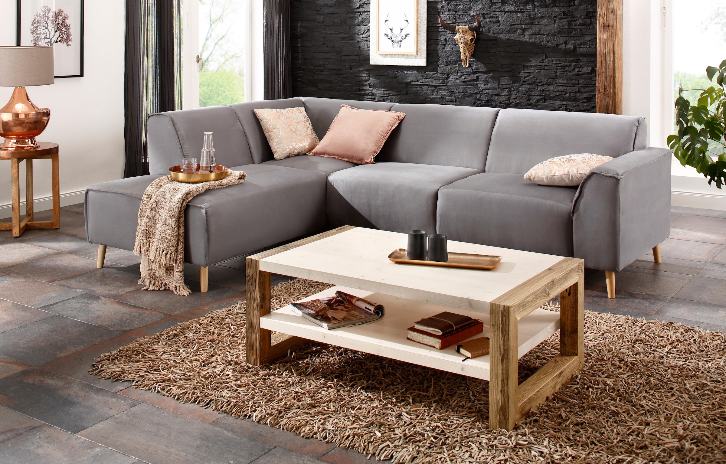 Home affaire Ecksofa »Julia zeitlose und elegante Couch, hoher Sitzkomfort, L-Form«, Federkern-Polsterung, Holzfüsse, Keder