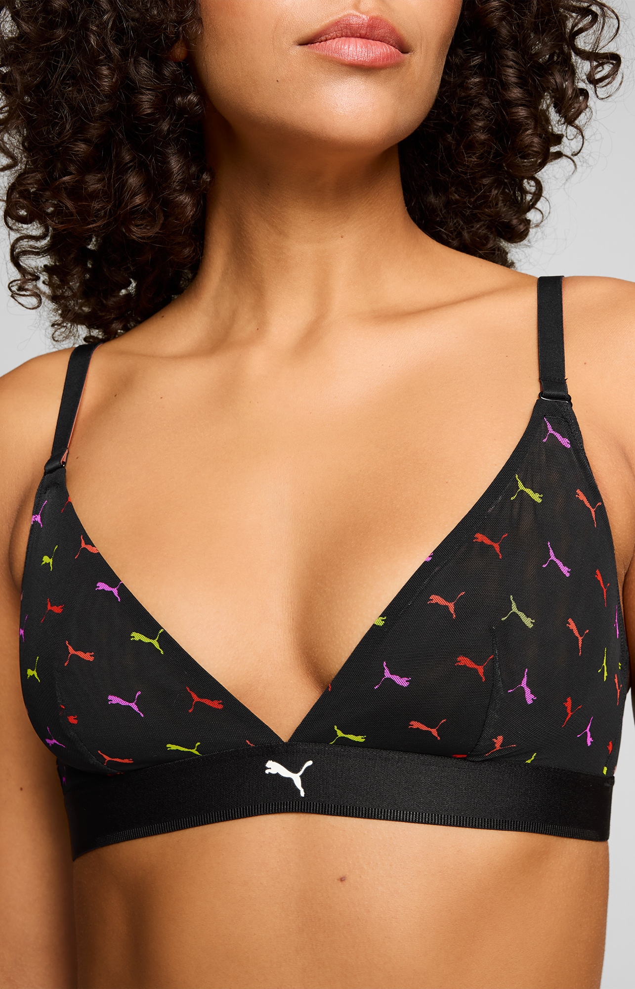 Image of PUMA Bügelloser BH "PUMA WOMEN PRINTED MESH TRIANGLE TOP" mit buntem allover Logodruck, verstellbare Träger, mit Mesh-Details