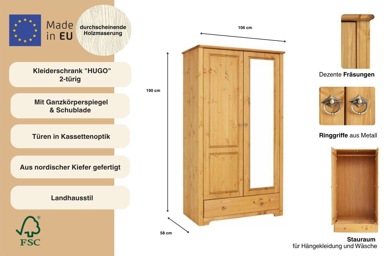 GOODproduct Kleiderschrank »Hugo« 3 Breiten: 106/200/245 cm H/T ca. 190/58 cm,  aus massiver Kiefer im Landhausstil, mit Spiegel