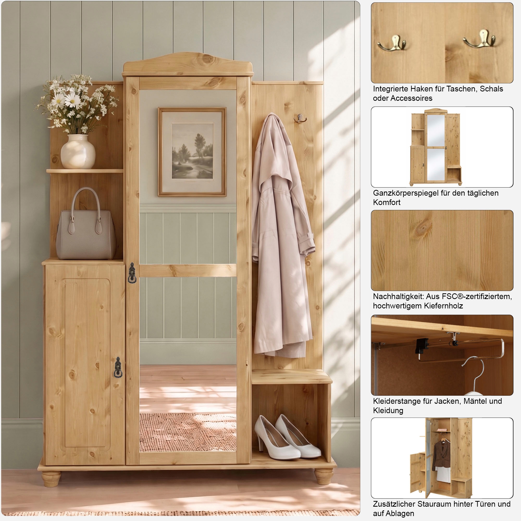 GOODproduct Kompaktgarderobe »Finca« aus massivem Kiefernholz, mit vielen Stauraummöglichkeiten