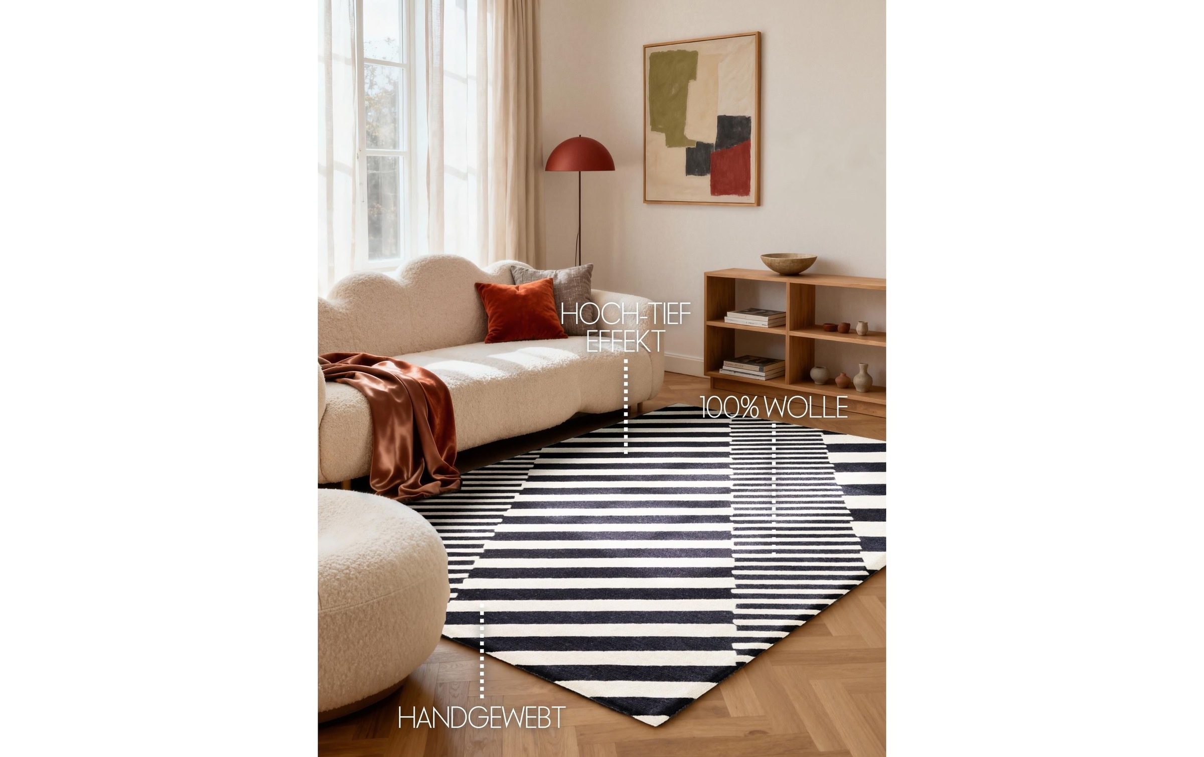 ELLE DECORATION Teppich »Flux« rechteckig 12 mm Höhe Wolle, Natur, Wohnzimmer, schwarz weiss, Geometrisch, Streifen