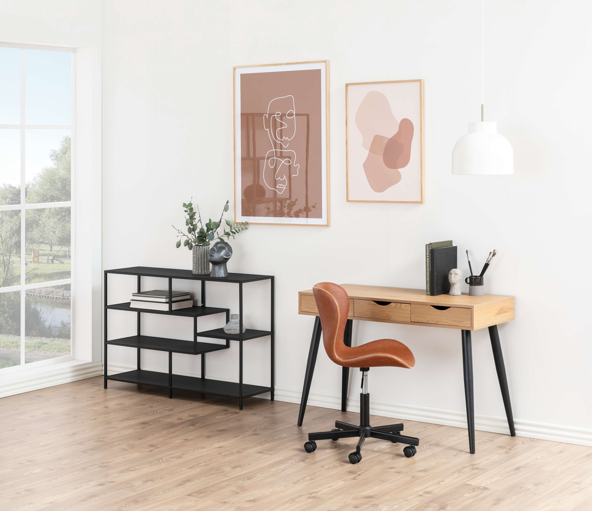 Seaford Wide Black Metal Bookcase with 4 Black Oak Shelves, none