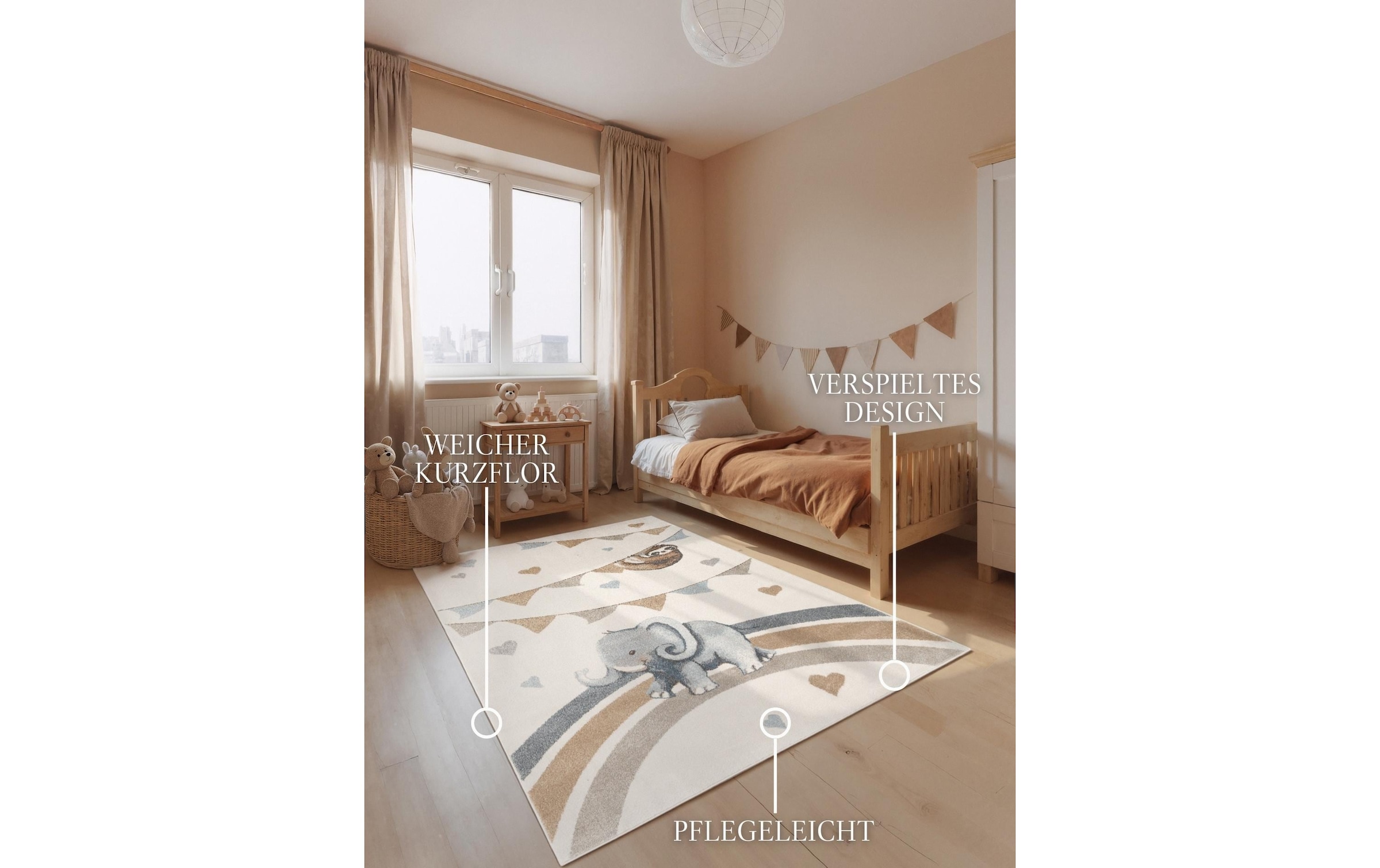 Villeroy & Boch Tapis pour enfants »Walk like an Elephant Rainbow Party Teppich« Rectangulaire 9 mm Höhe Spielteppich weich, Kinderzimmer, Boho Kids Spielunterlage, Tieremotiv