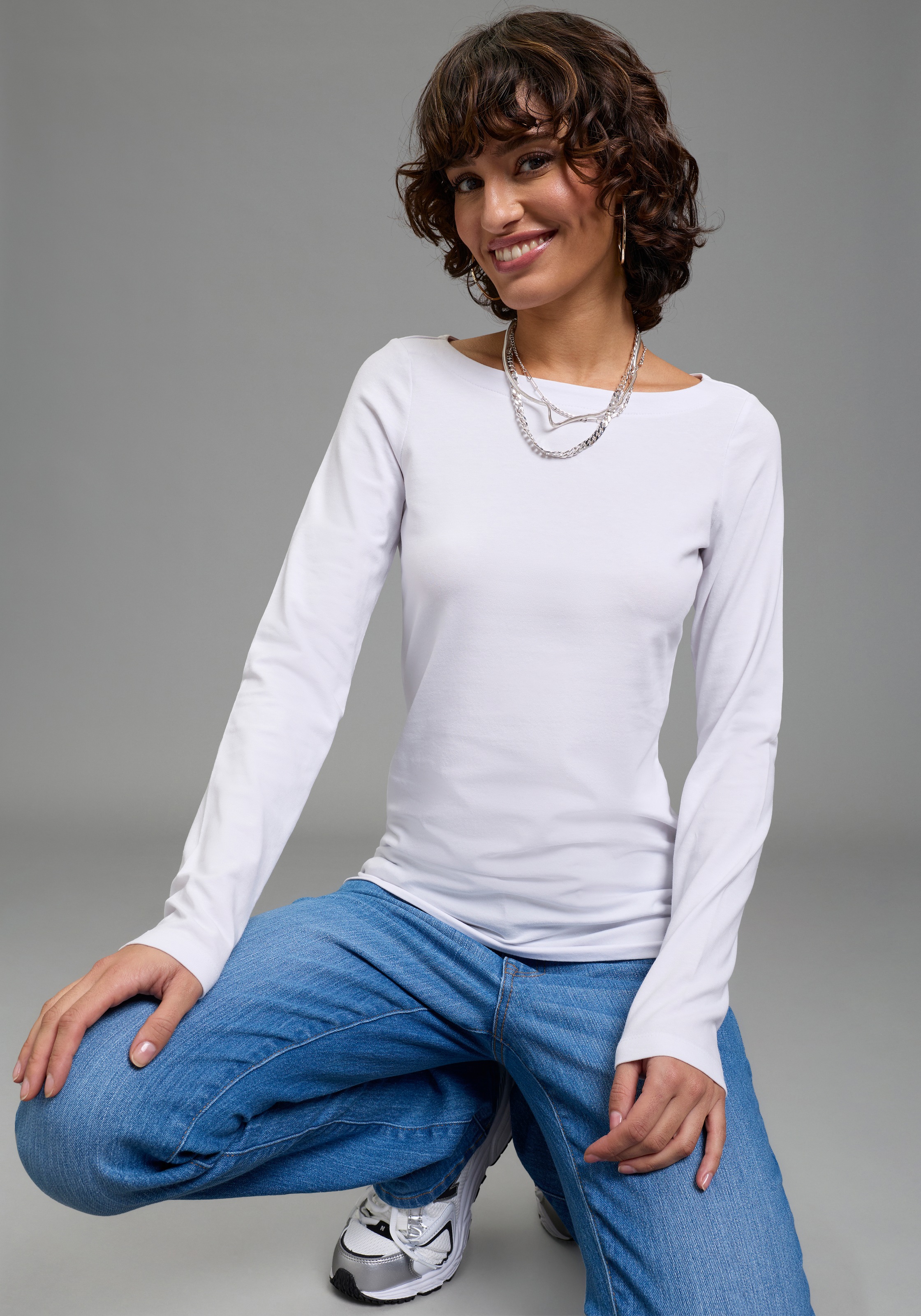 Laura Scott T-shirt à manches longues Paquet, 2er-Pack,  figurbetonte Passform, hüftbedeckende Länge, U-Boot-Ausschnitt