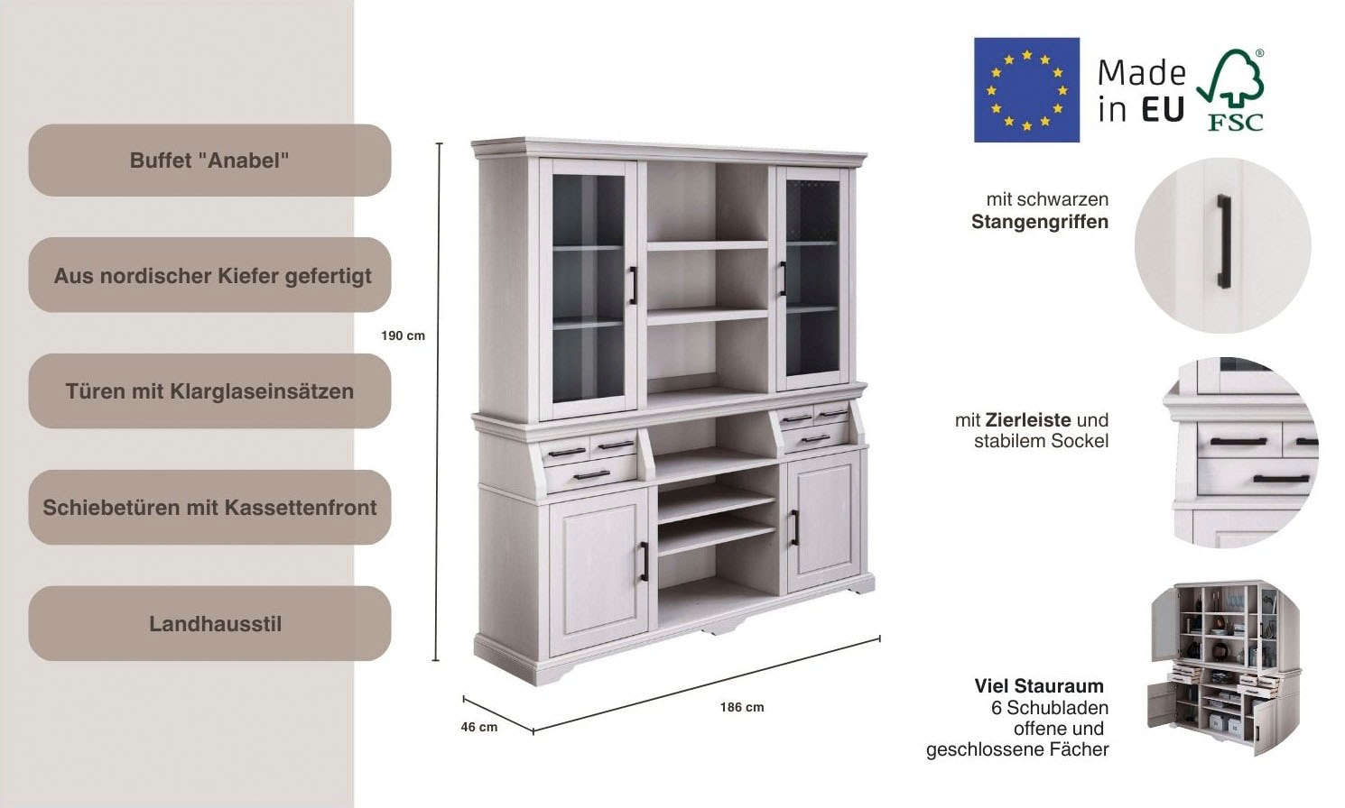 Home affaire Buffet »Anabel, mit Glastüren und schwarzen Metallgriffen«, zertifiziertes Massivholz, Breite 186 cm, im Landhausstil