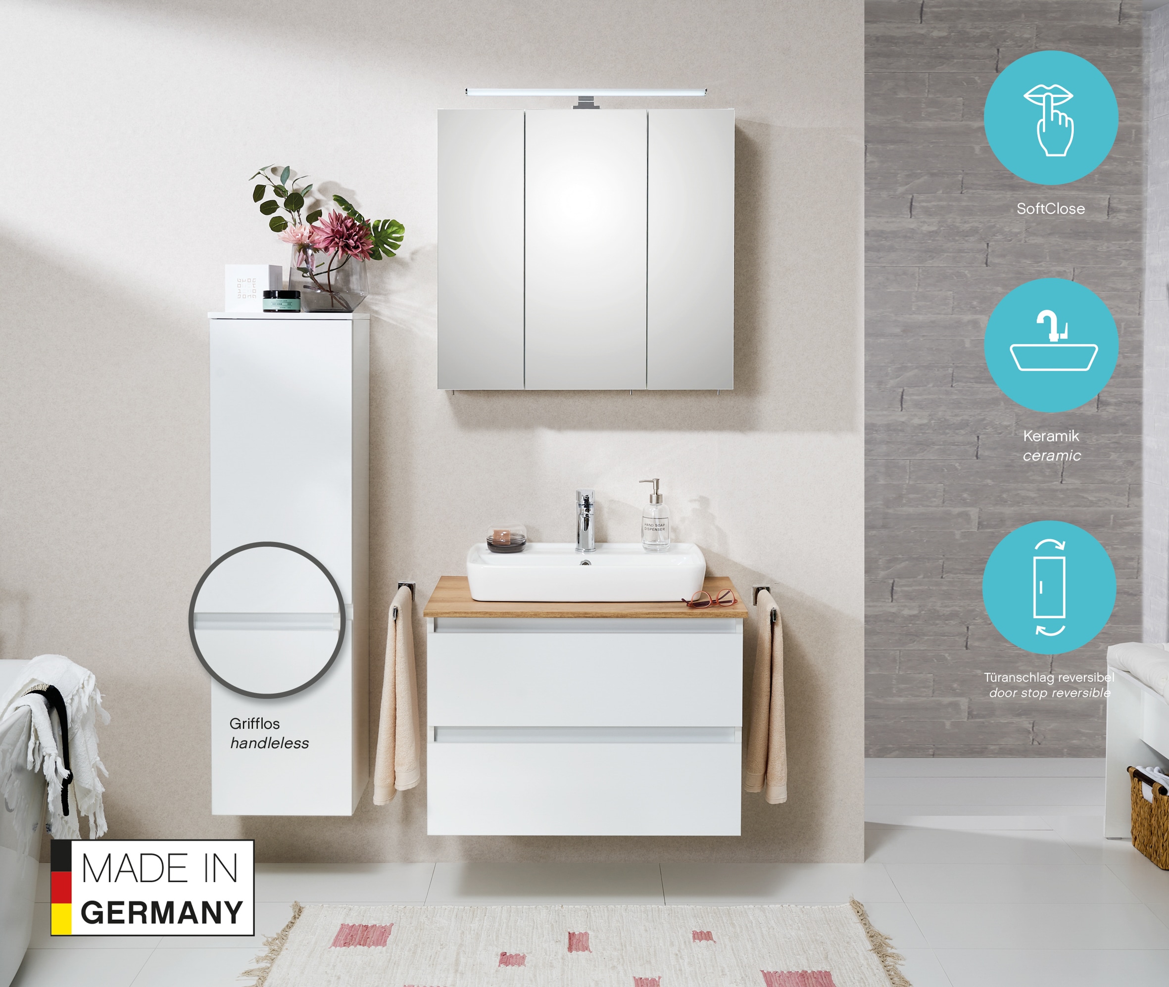 Saphir Waschtisch »Quickset 360 Waschplatz mit Keramik-Aufsatzbecken, wandhängend« Waschtischplatte, 78 cm breit, Weiss Glanz, 2 Schubladen