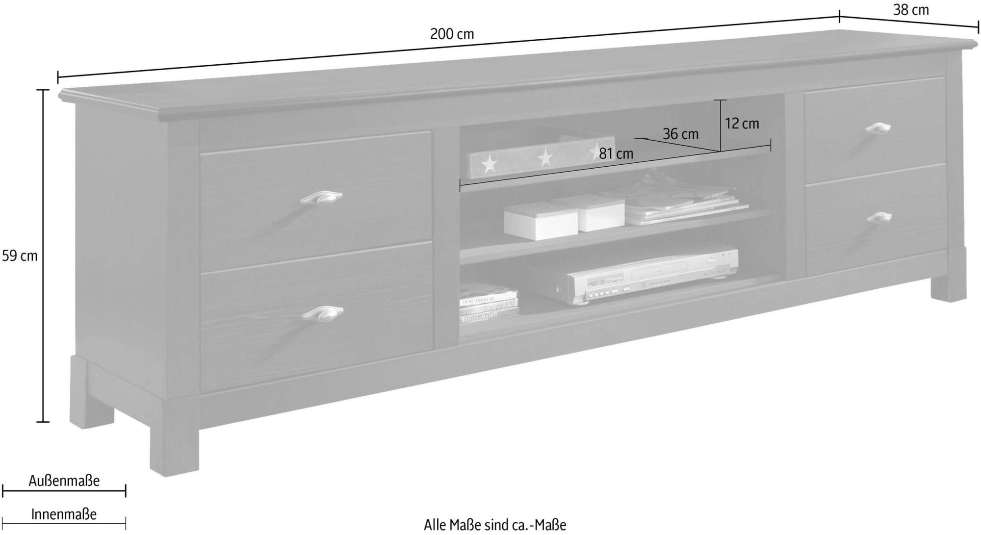 GOODproduct Table basse »Rauna, TV-Bank, TV-Kommode, Landhausstil« Largeur 200 cm, bois massif certifié FSC®, pin