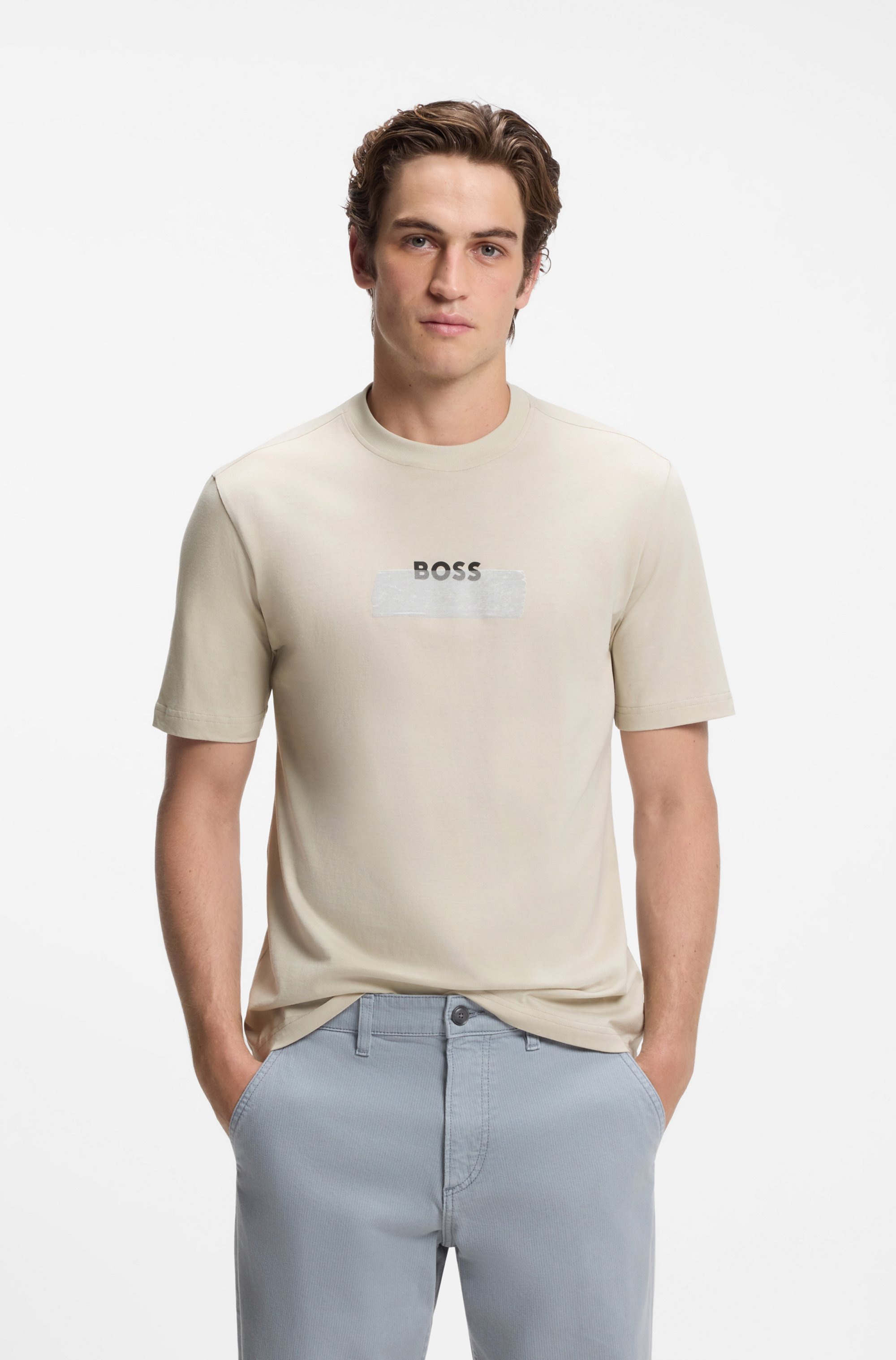 Image of BOSS ORANGE T-Shirt "Te LogoTape" Rundhalsausschnitt, reine Baumwolle, Logo-Print