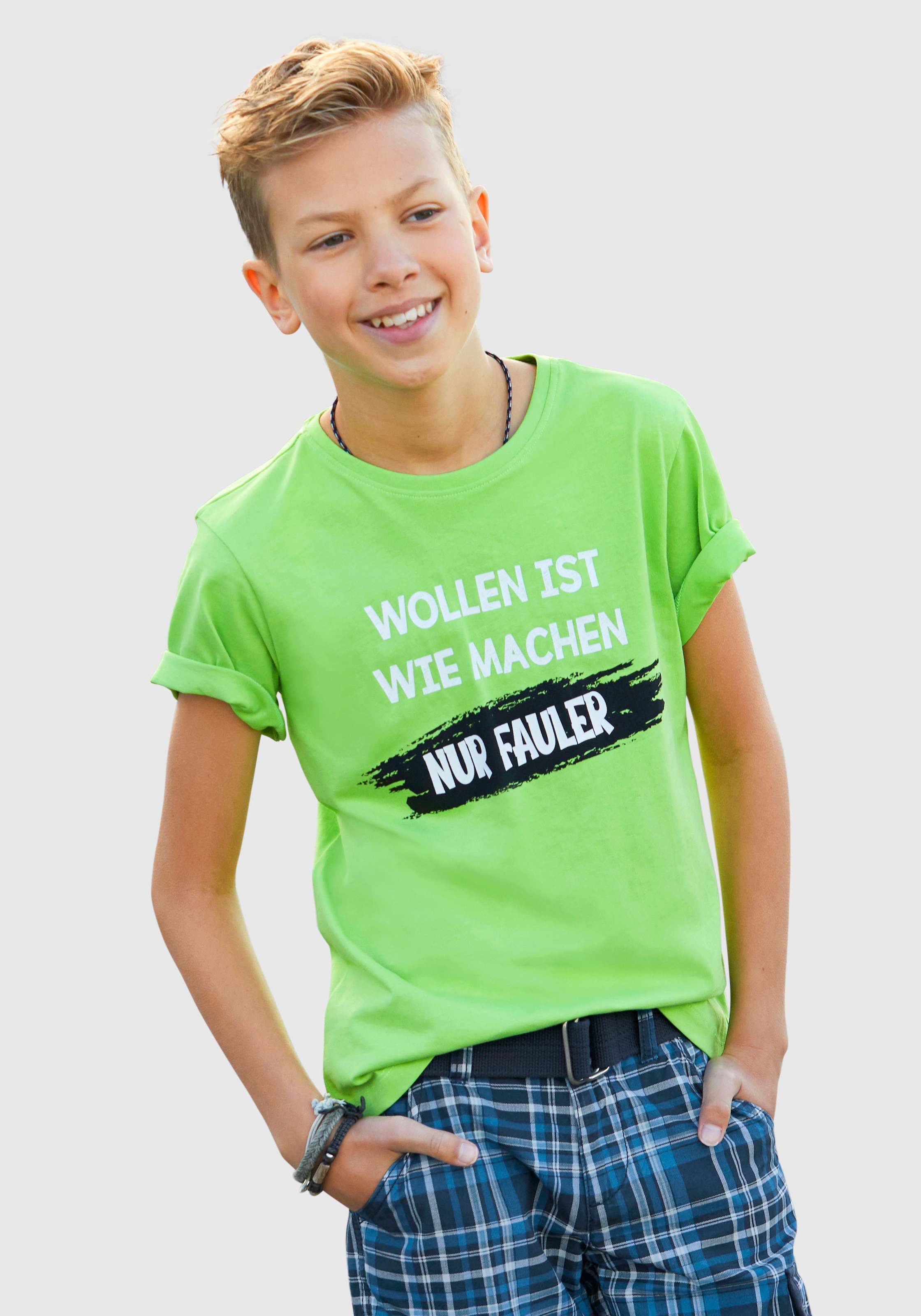 WIE Modische »WOLLEN IST - shoppen MACHEN....«, Mindestbestellwert T-Shirt versandkostenfrei KIDSWORLD ohne Spruch