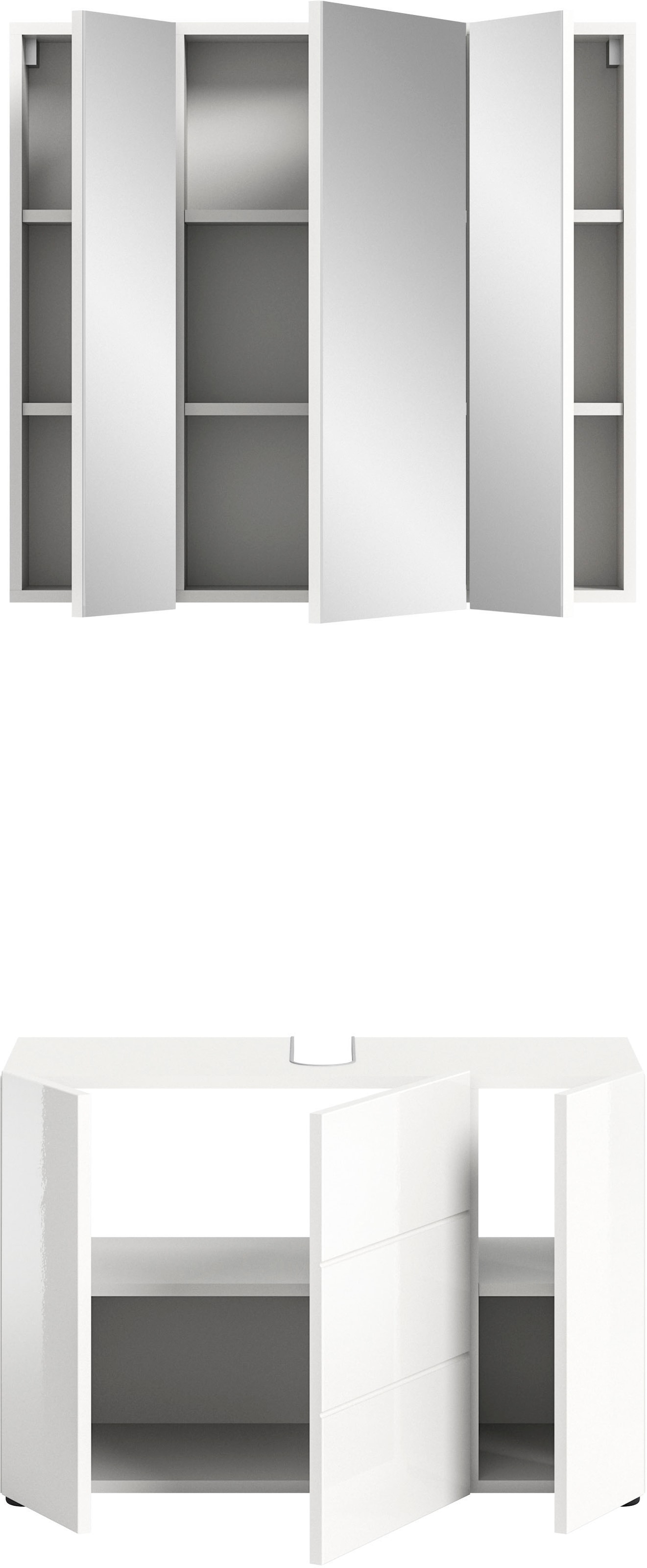 welltime Badmöbel-Set »BIEL, TOPSELLER!, 2 teilig, hochwertige MDF Front, Rillenoptik« 2 teiliges Set, bestehend aus: Waschbeckenunterschrank, Spiegelschrank, 2 Stk. tlg.