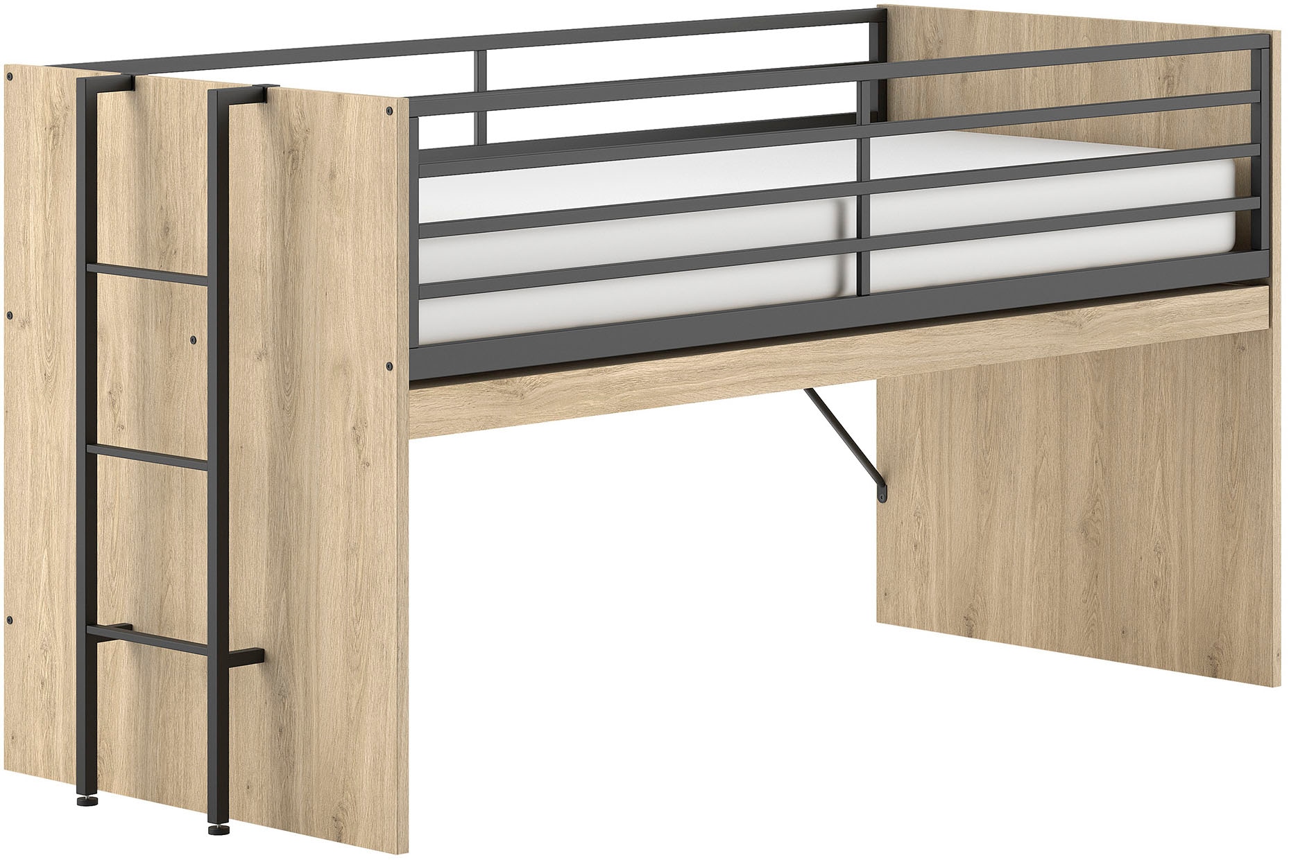Image of Vipack Hochbett "Sam, schlafen und arbeiten in einem, wahlweise Eiche- oder Weiss-Dekor" Liegefläche 90x200 cm, darunter eine grosse ausziehbare Schreibplatte, Inkl. Absturzschutz u. Leiter, pflegeleichte Dekor Oberfläche