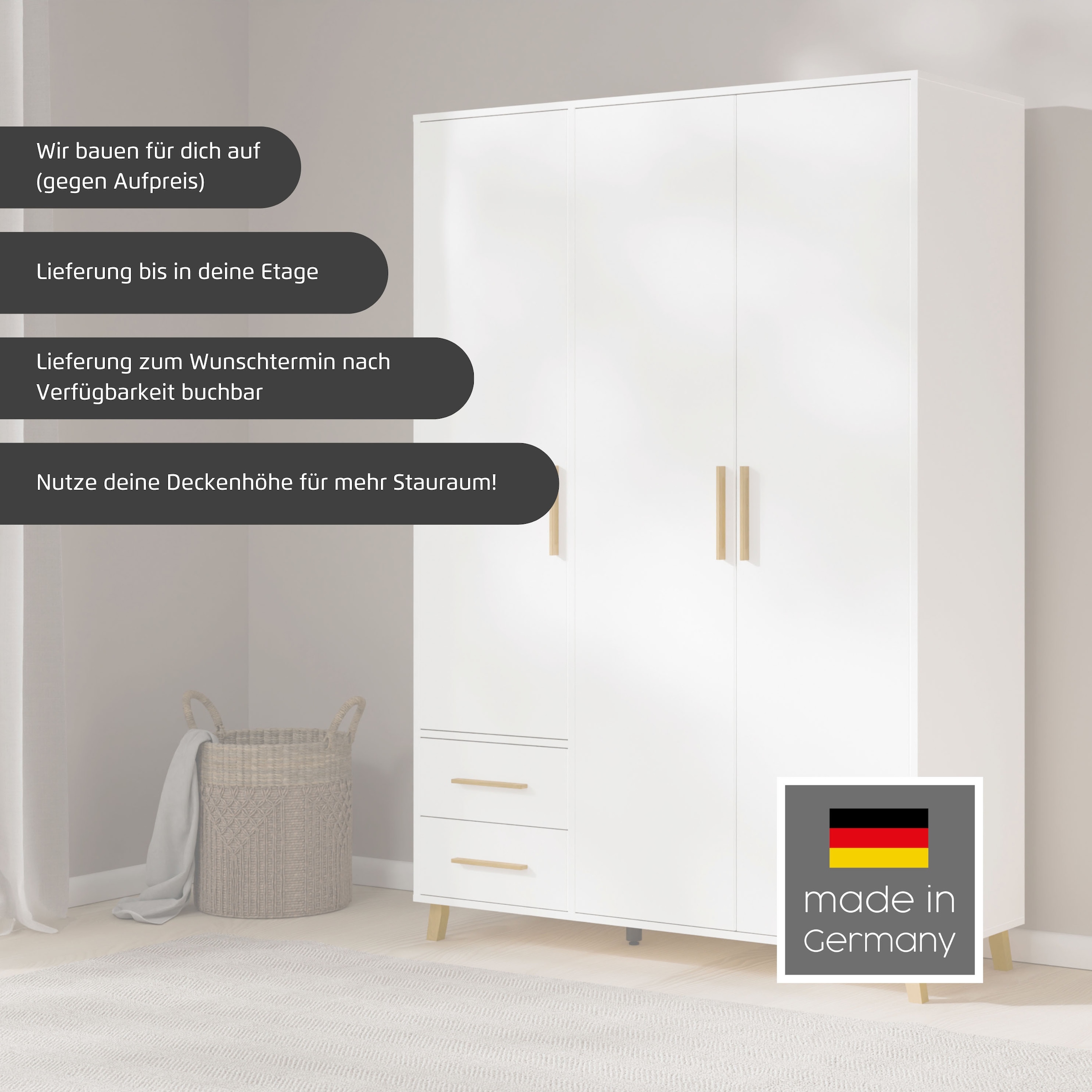 rauch Drehtürenschrank »Kleiderschrank Schrank Garderobe SHINJO Breiten 93/140/187 cm« in 3 verschiedenen Ausstattungen BASIC/CLASSIC/PREMIUM,  Griffe und Füsse aus Massivholz mit 2 Schubladen MADE IN GERMANY