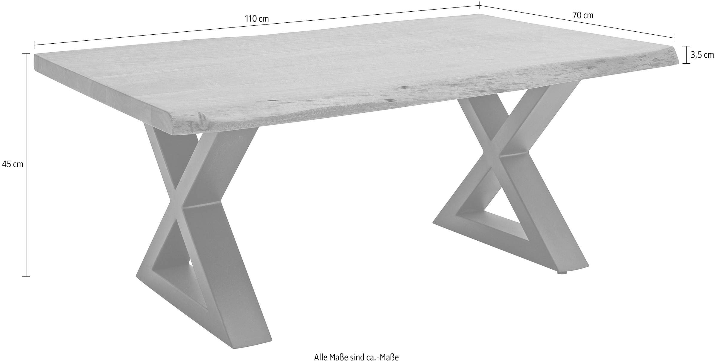 MCA furniture Baumkantentisch, Couchtisch Massivholz mit Baumkante, Rissen und löchern