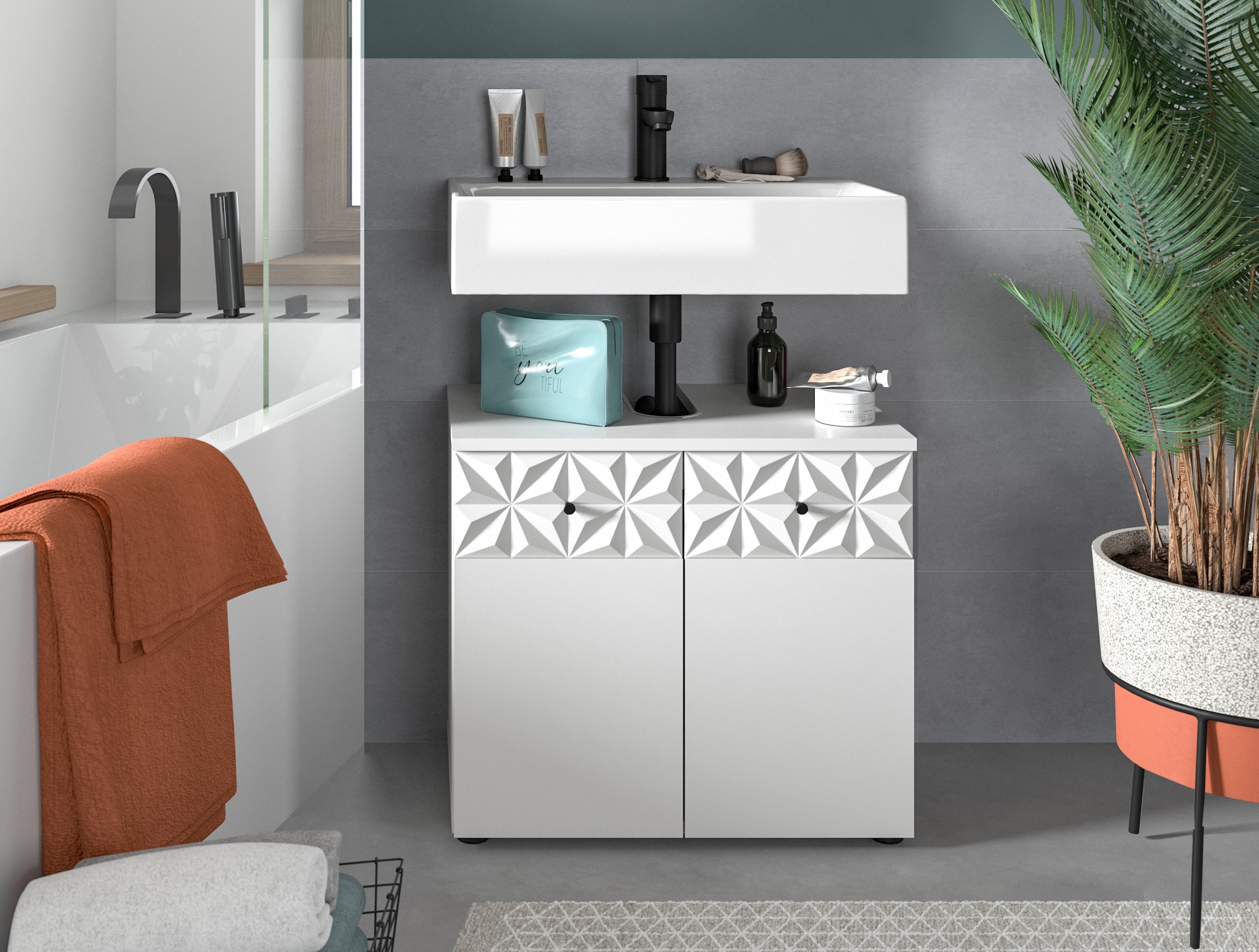 welltime Waschbeckenunterschrank »VICENZA, TOPSELLER!, Breite 60cm, mit Ornamentabsetzung« WBU, Unterschrank, Badschrank, Badunterschrank, Waschbeckenschrank