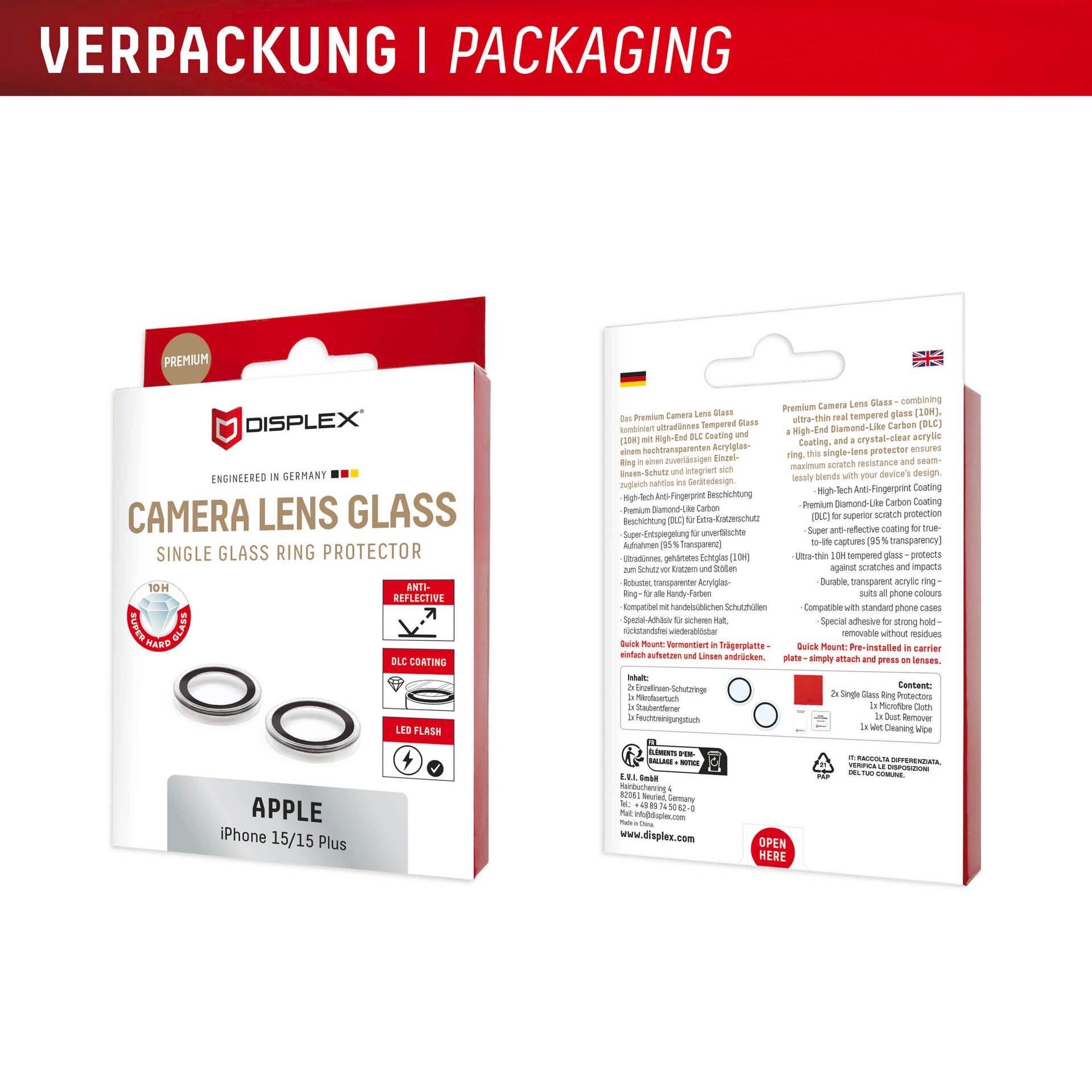 Displex Kameraschutzglas »Camera Lens Glass Single Glass Ring Protector« für Apple iPhone 15;Apple iPhone 15 Plus Packung, 2x Einzellinsen-Schutzringe,  Objektivschutz, Kameraschutz, kratz- & stossfest
