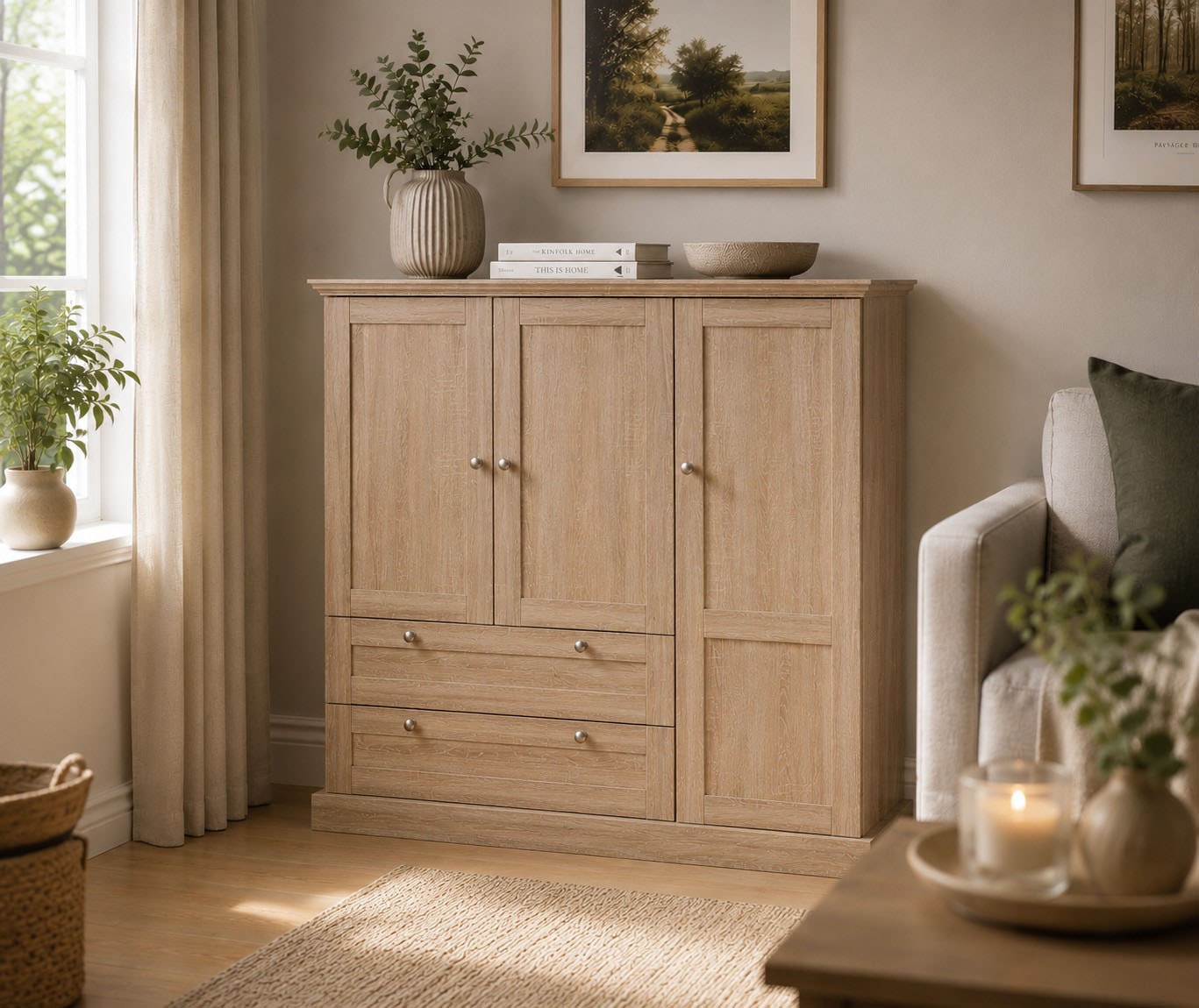 GOODproduct Kleiderschrank »Binz, Wäscheschrank, Mehrzweckschrank, skandinavischer Landhausstil« B/H/T ca. 122/130/35 cm,  viele Stauraummöglichkeiten, Metallgriffe, Türen mit Rahmen/ Kassetten