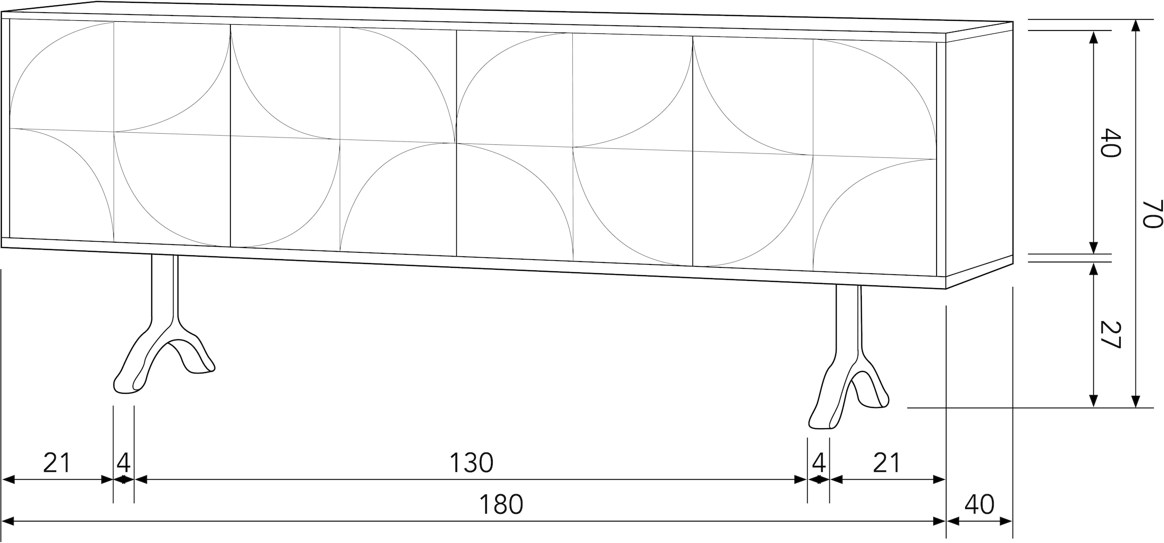 WOOOD Sideboard »Draw mit Massivmangoholz und 3D-Türmuster B 180 x T 40 x H 70 cm« 2 Kabelöffnungen, Tragkraft Deckplatte 35 kg, einfach zu montieren