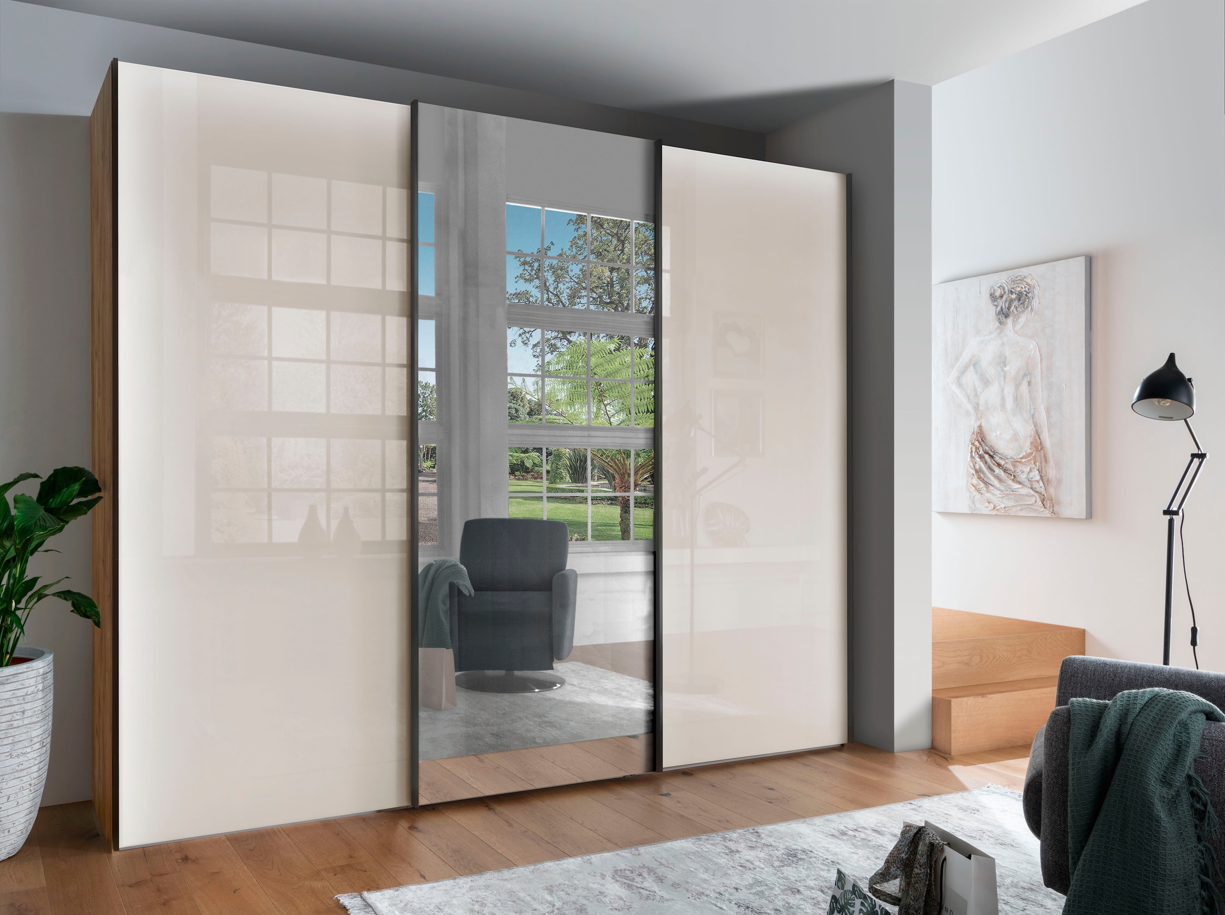 WIEMANN Schwebetürenschrank »Monaco, Kleiderschrank, Schrank, Wäscheschrank, mit Schiebetüren« 2 Breiten, 2 Höhen 216/236 cm auswählbar, MADE IN GERMANY,  hochwertige Glas- und Spiegelfront, variable Inneneinteilung