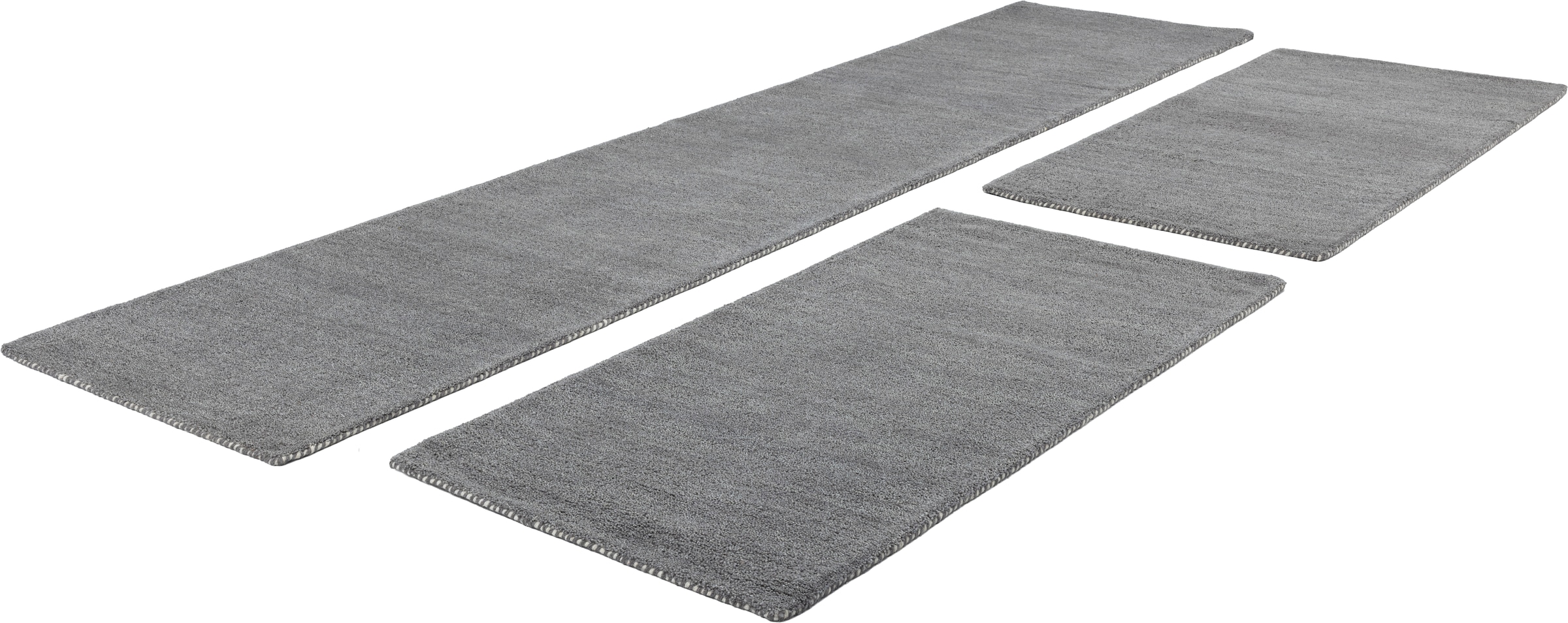 Image of THEKO Bettumrandung "Gabbeh Uni, Handweb Teppich, meliert, reine Wolle" Höhe 14 mm 3 tlg. Bettvorleger, Uni-Farben, handgewebt, Läufer-Set, Schlafzimmer