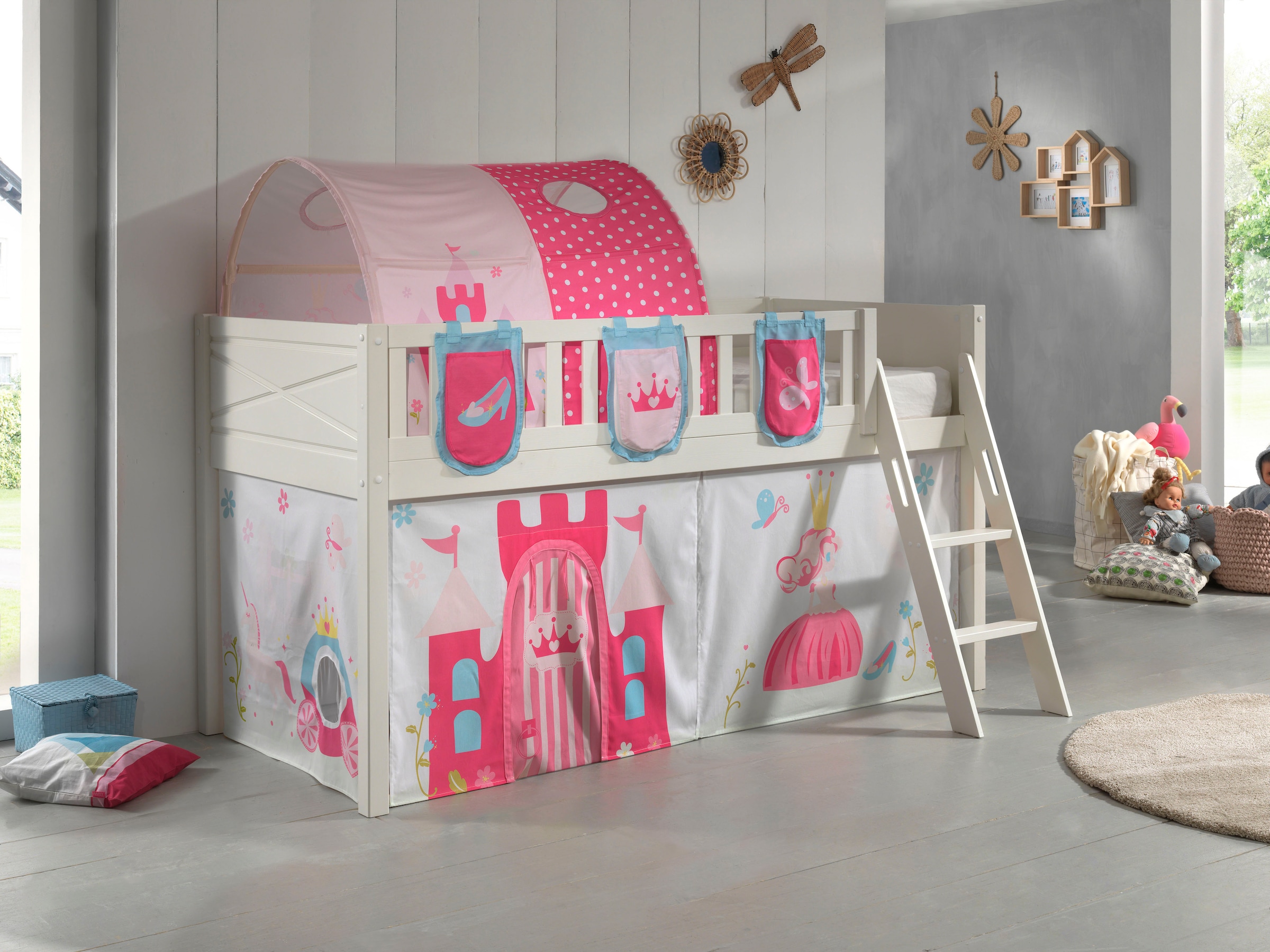 Vipack Hochbett »Scott« Made in Europe,  mit Leiter, LF 90x200 cm, Vorhang, Tasche, Tunnel, 4 Designs