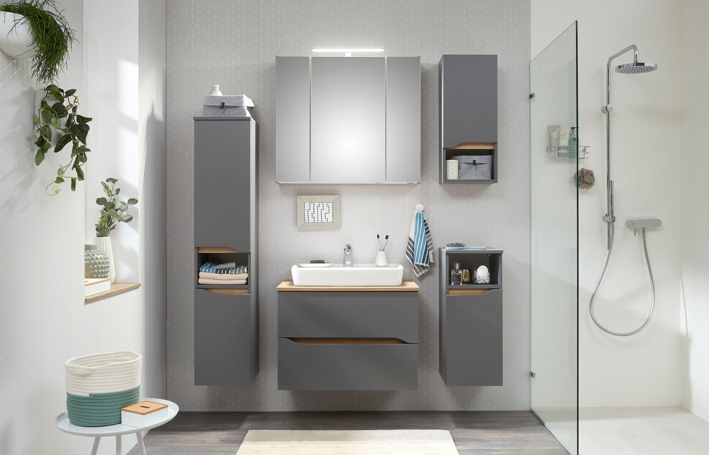 Saphir Waschtisch »Quickset Keramik-Aufsatzbecken mit Unterschrank, 73 cm breit« Waschplatz, Unterschrank mit Waschbecken, 2 Schubladen, grifflos
